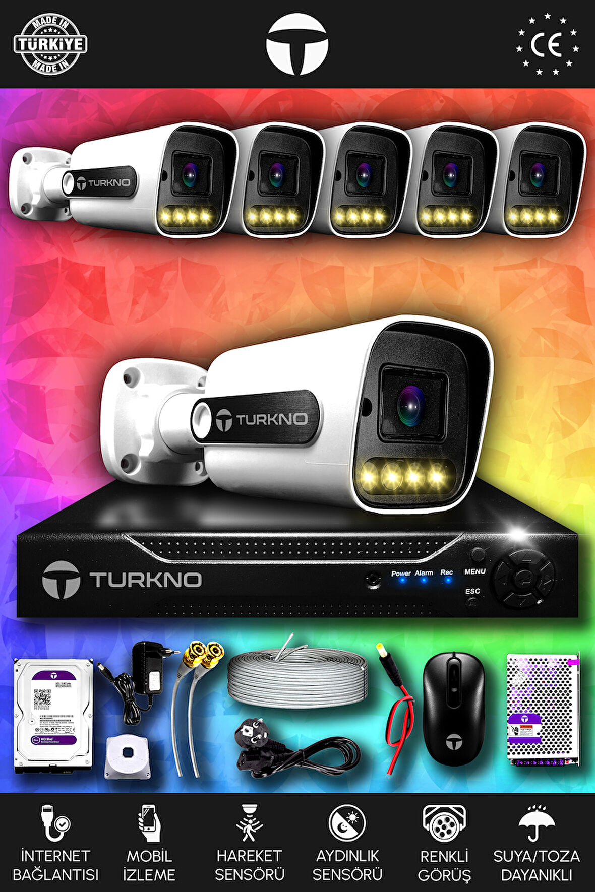 TURKNO 6 Kameralı Navie 6 Dış Kamera Set 100 GB HDD Full HD Renkli Gece Görüşlü Güvenlik Kamerası Sistemi
