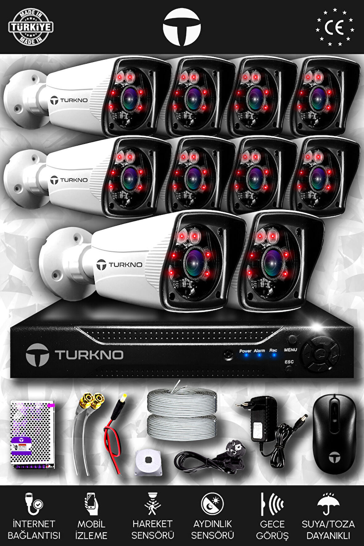TURKNO 10 Kameralı Karia 10 Dış Kamera Set HDD'siz Full HD Gece Görüşlü Güvenlik Kamerası Sistemi