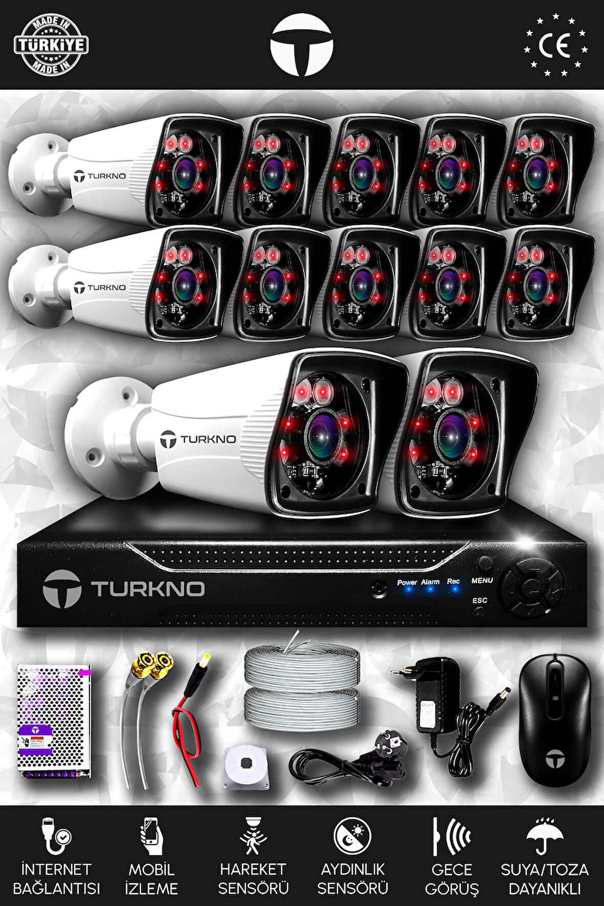 TURKNO 12 Kameralı Karia 12 Dış Kamera Set HDD'siz Full HD Gece Görüşlü Güvenlik Kamerası Sistemi