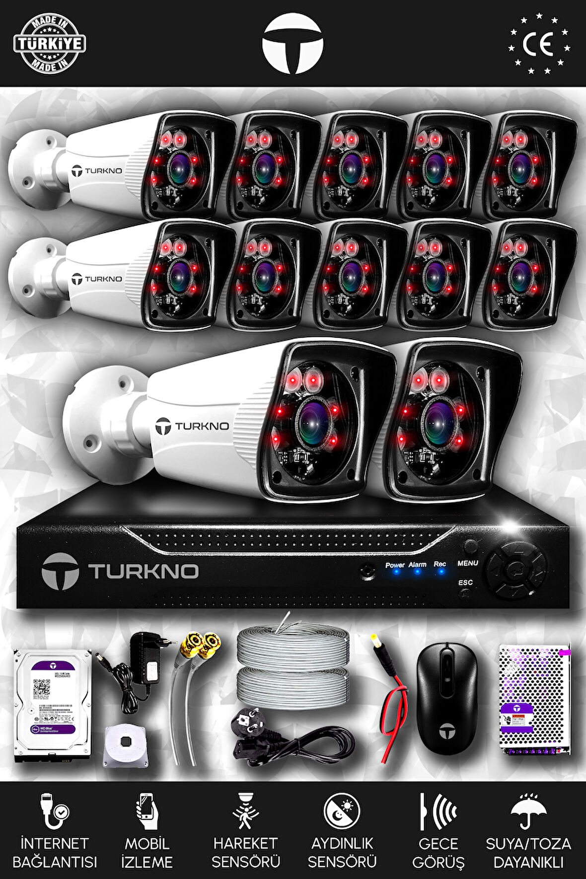 TURKNO 12 Kameralı Karia 12 Dış Kamera Set 1 TB HDD Full HD Gece Görüşlü Güvenlik Kamerası Sistemi