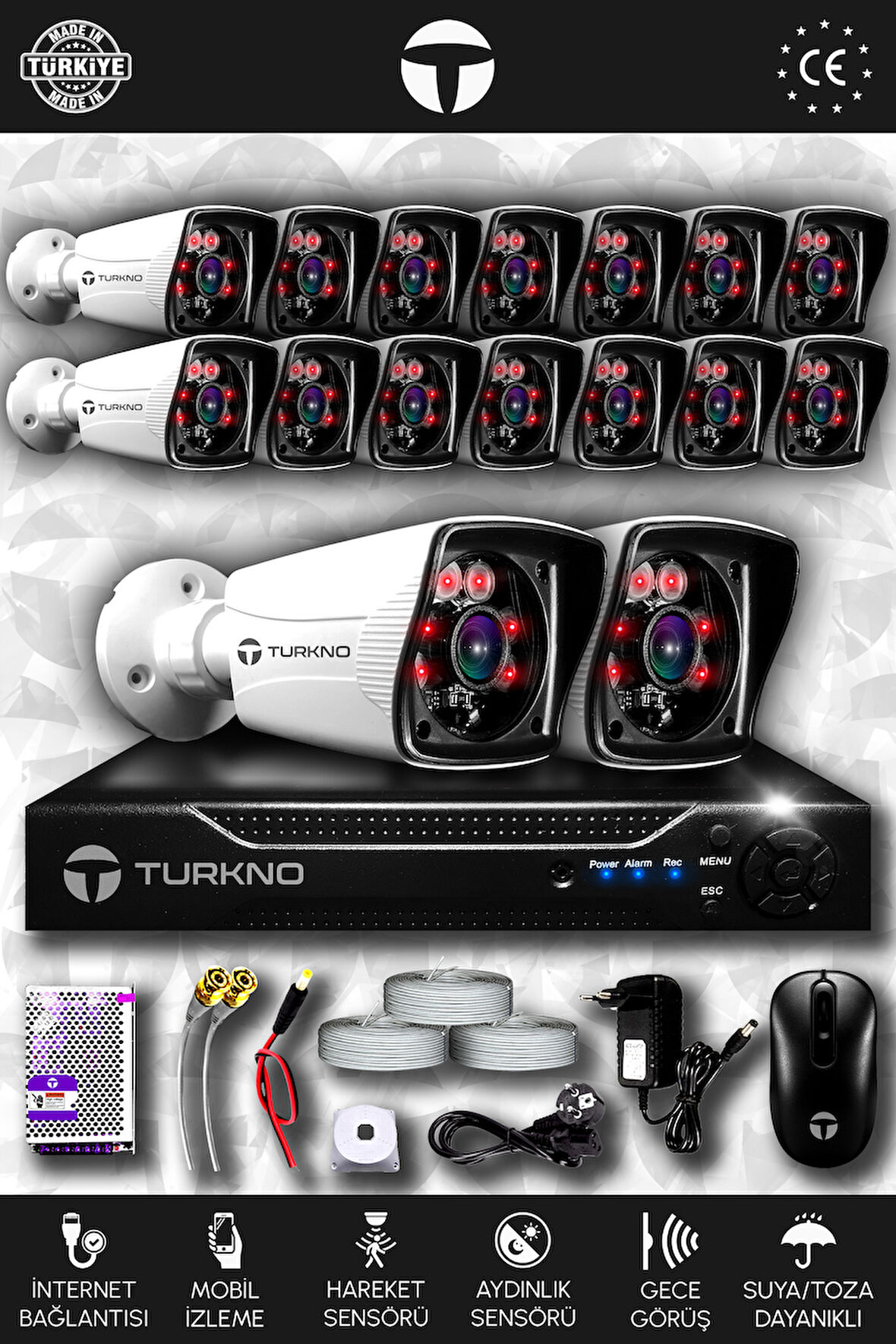 TURKNO 16 Kameralı Karia 16 Dış Kamera Set HDD'siz Full HD Gece Görüşlü Güvenlik Kamerası Sistemi