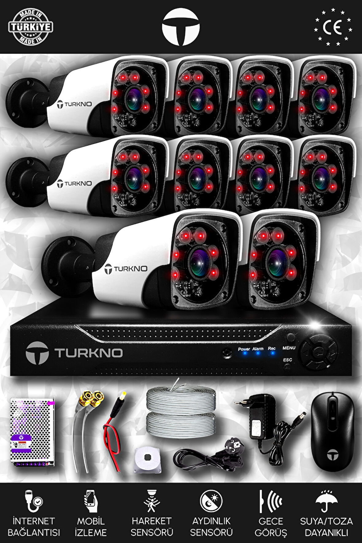 TURKNO 10 Kameralı Pania 10 Dış Kamera Set HDD'siz Full HD Gece Görüşlü Güvenlik Kamerası Sistemi