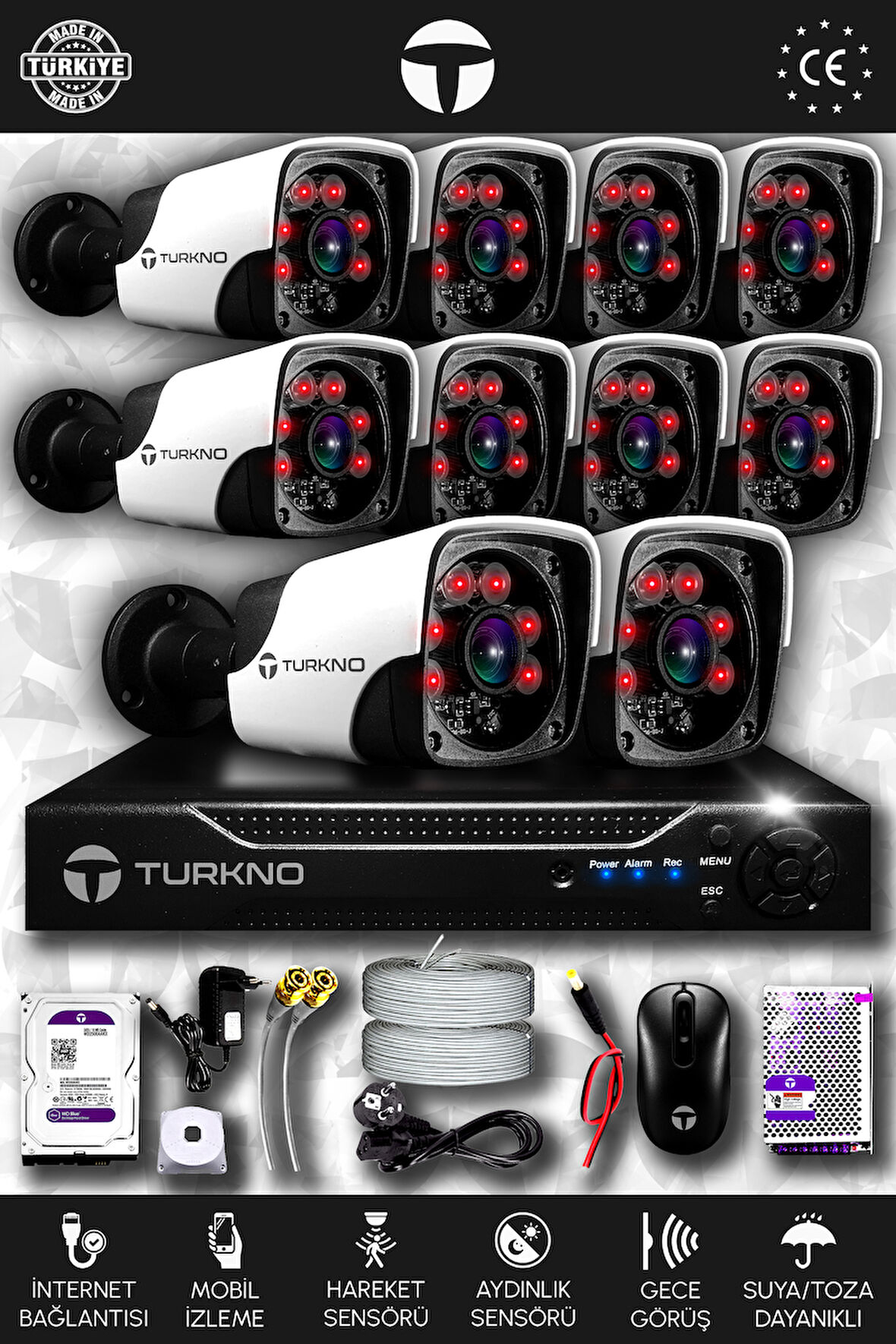 TURKNO 10 Kameralı Pania 10 Dış Kamera Set 100 GB HDD Full HD Gece Görüşlü Güvenlik Kamerası Sistemi