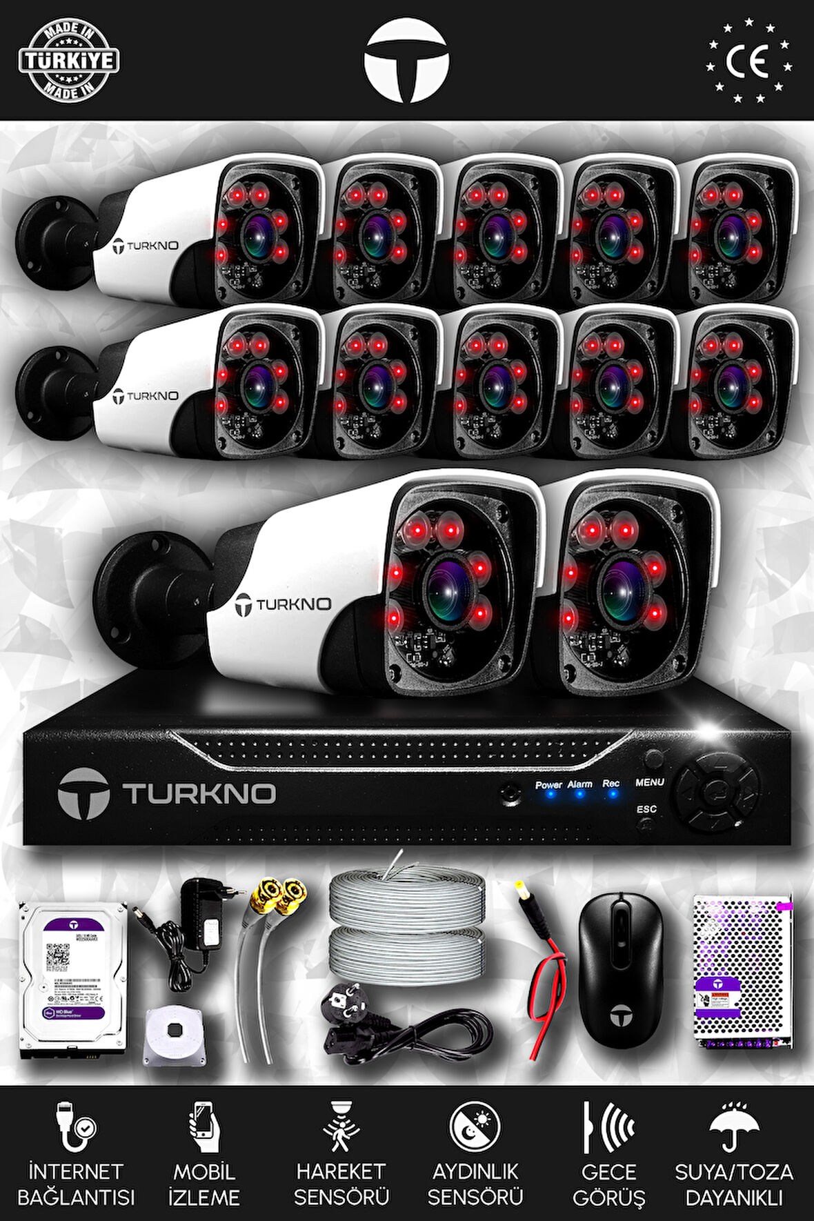 TURKNO 12 Kameralı Pania 12 Dış Kamera Set 320 GB HDD Full HD Gece Görüşlü Güvenlik Kamerası Sistemi