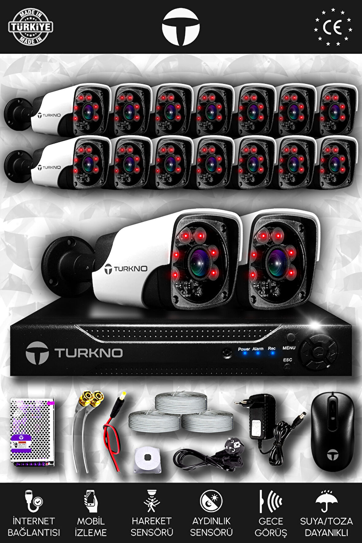 TURKNO 16 Kameralı Pania 16 Dış Kamera Set HDD'siz Full HD Gece Görüşlü Güvenlik Kamerası Sistemi