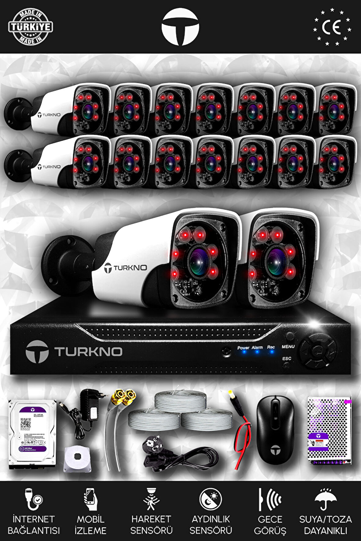 TURKNO 16 Kameralı Pania 16 Dış Kamera Set 250 GB HDD Full HD Gece Görüşlü Güvenlik Kamerası Sistemi