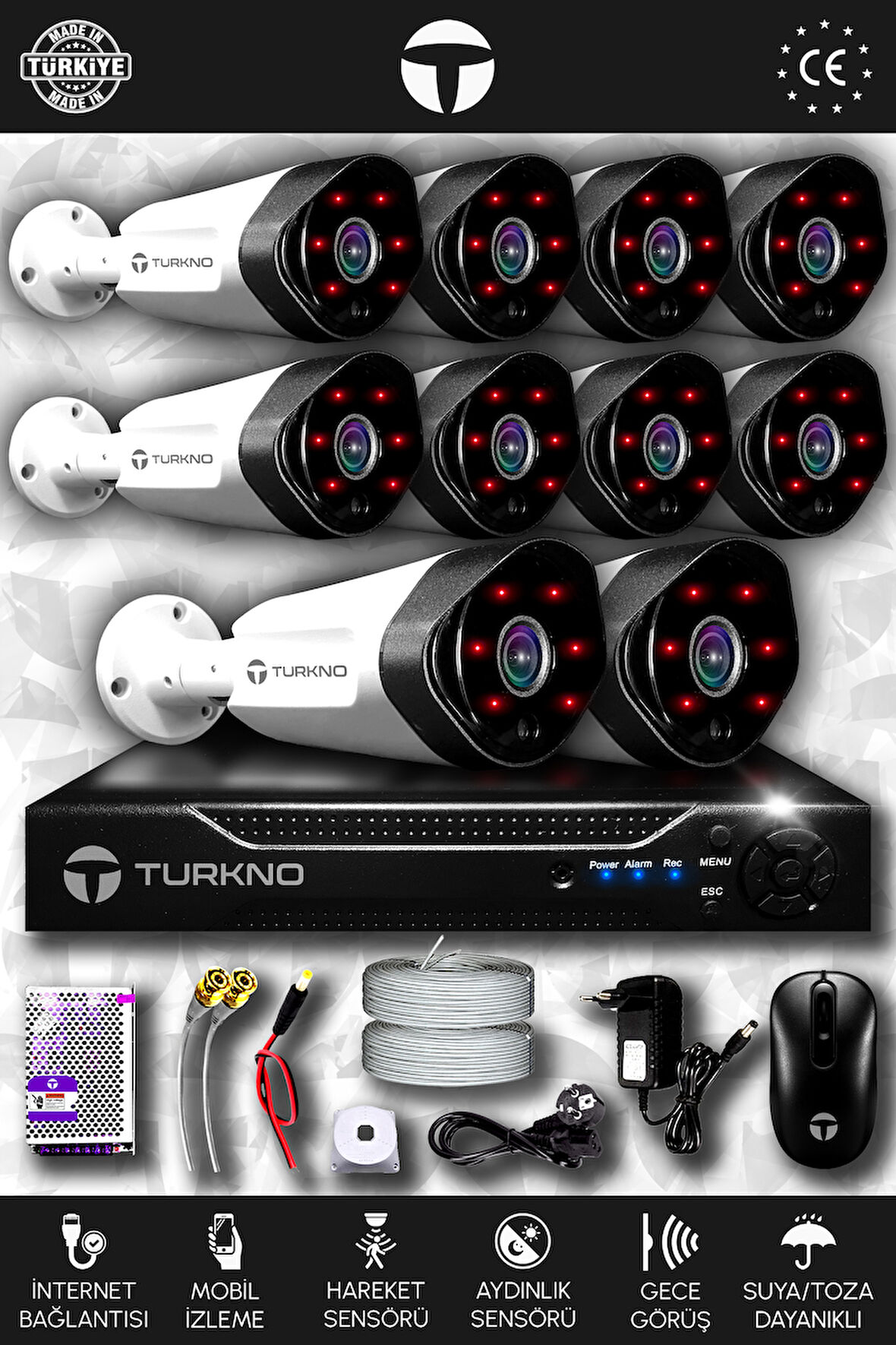 TURKNO 10 Kameralı Galia 10 Dış Kamera Set HDD'siz Full HD Gece Görüşlü Güvenlik Kamerası Sistemi