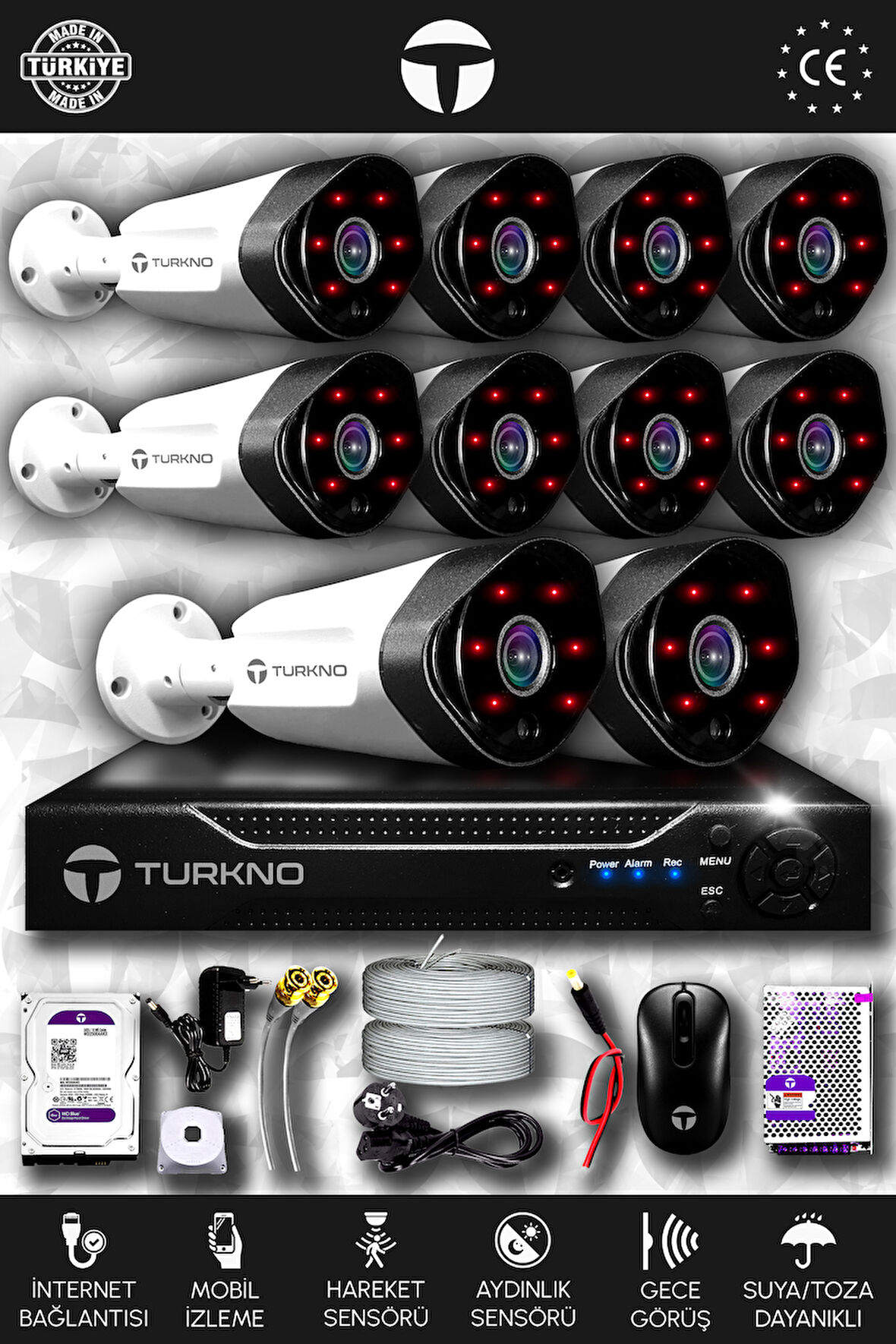 TURKNO 10 Kameralı Galia 10 Dış Kamera Set 100 GB HDD Full HD Gece Görüşlü Güvenlik Kamerası Sistemi