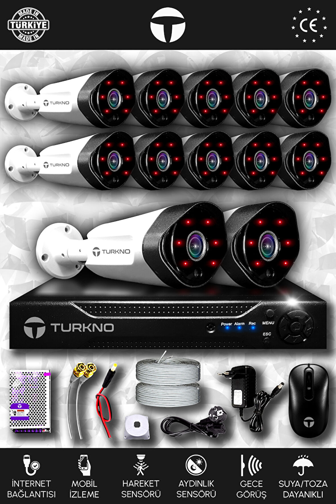 TURKNO 12 Kameralı Galia 12 Dış Kamera Set HDD'siz Full HD Gece Görüşlü Güvenlik Kamerası Sistemi