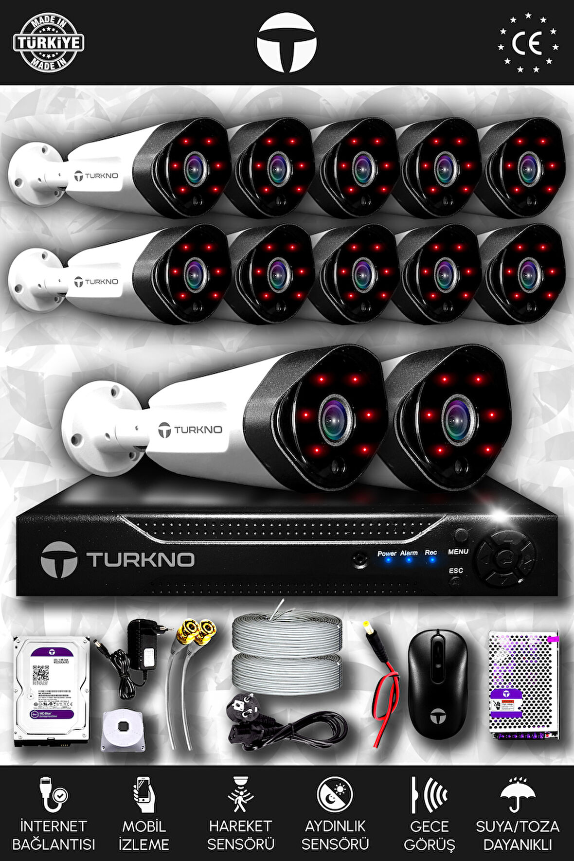 TURKNO 12 Kameralı Galia 12 Dış Kamera Set 100 GB HDD Full HD Gece Görüşlü Güvenlik Kamerası Sistemi