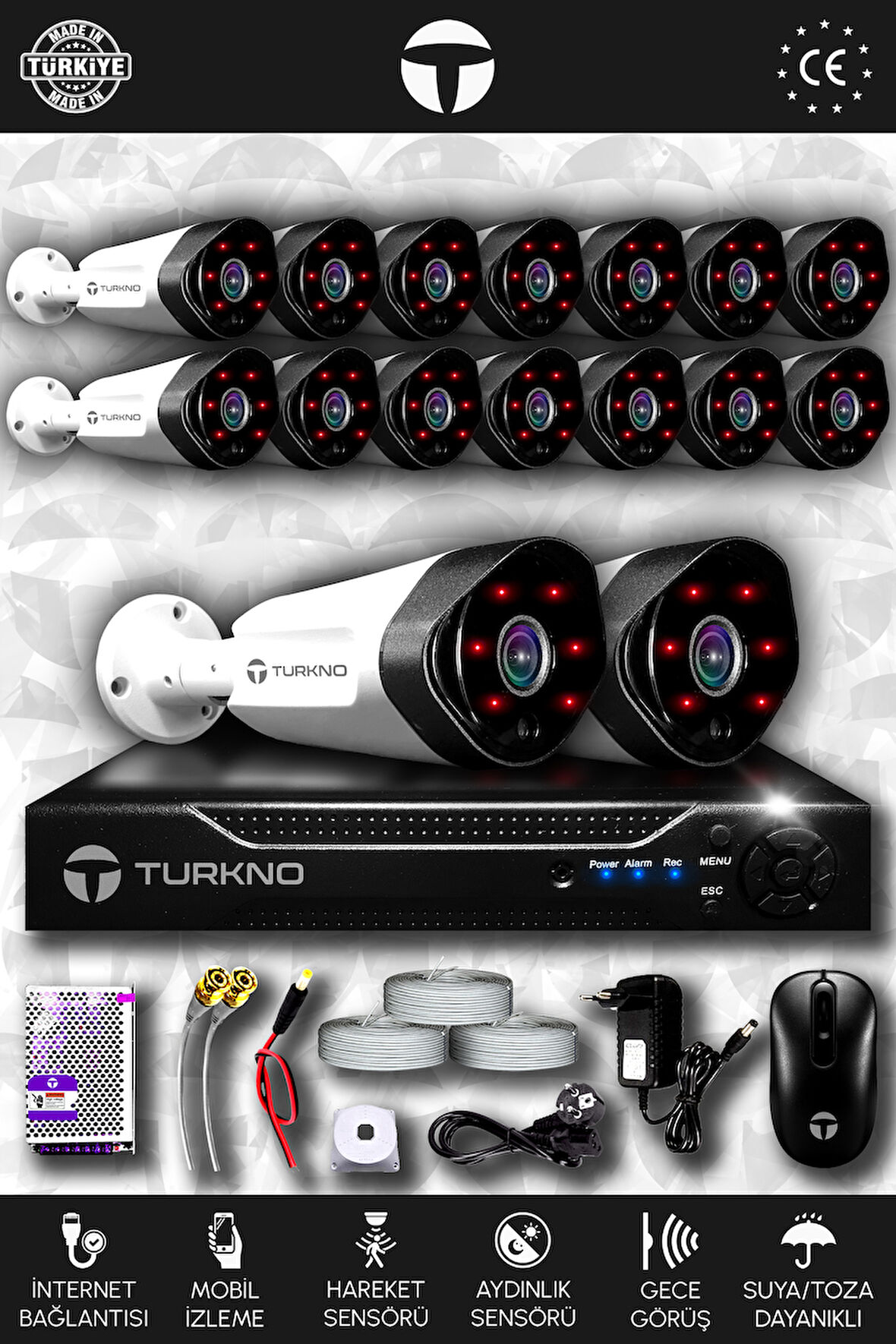 TURKNO 16 Kameralı Galia 16 Dış Kamera Set HDD'siz Full HD Gece Görüşlü Güvenlik Kamerası Sistemi