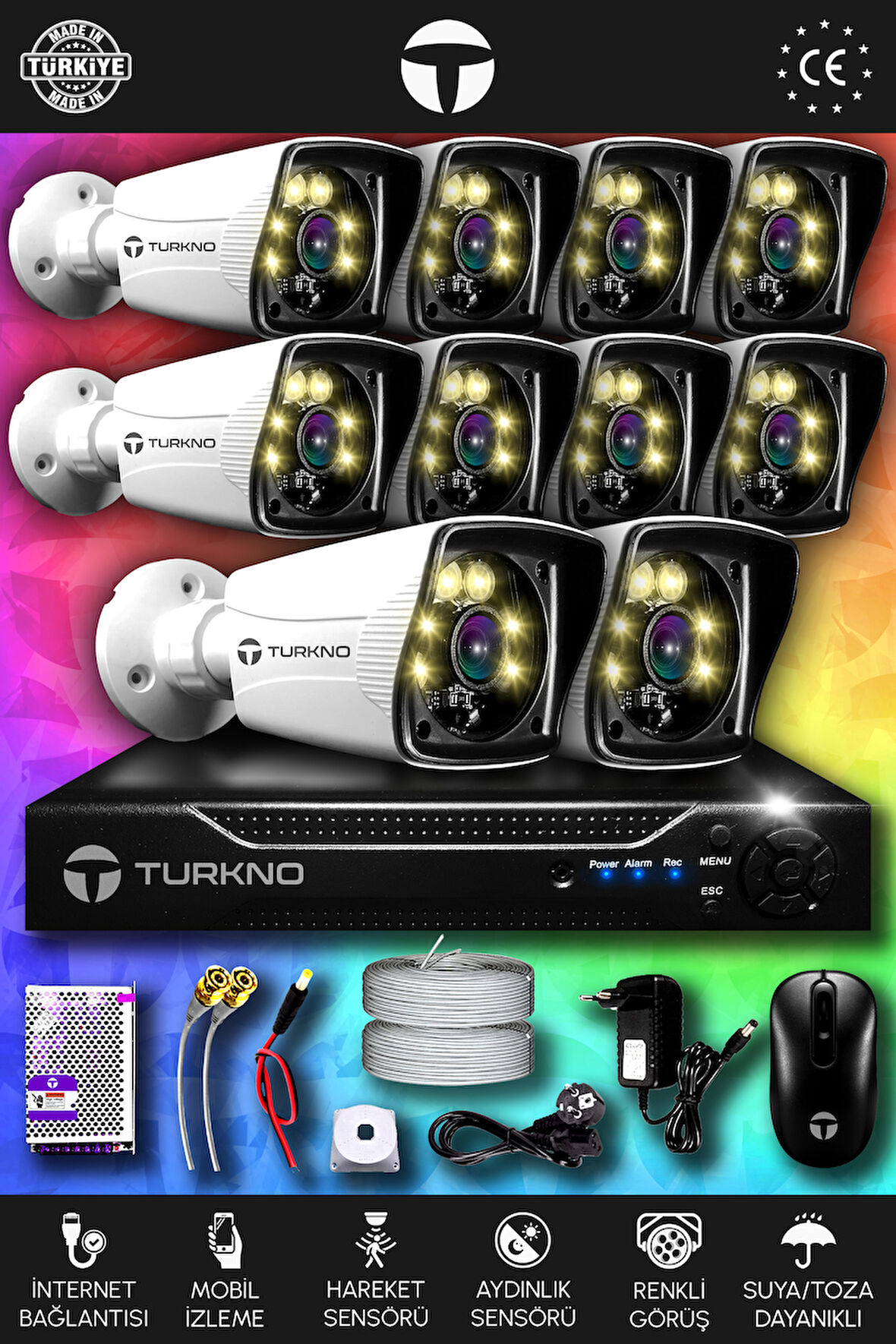 TURKNO 10 Kameralı Karie 10 Dış Kamera Set HDD'siz Full HD Renkli Gece Görüşlü Güvenlik Kamerası Sistemi