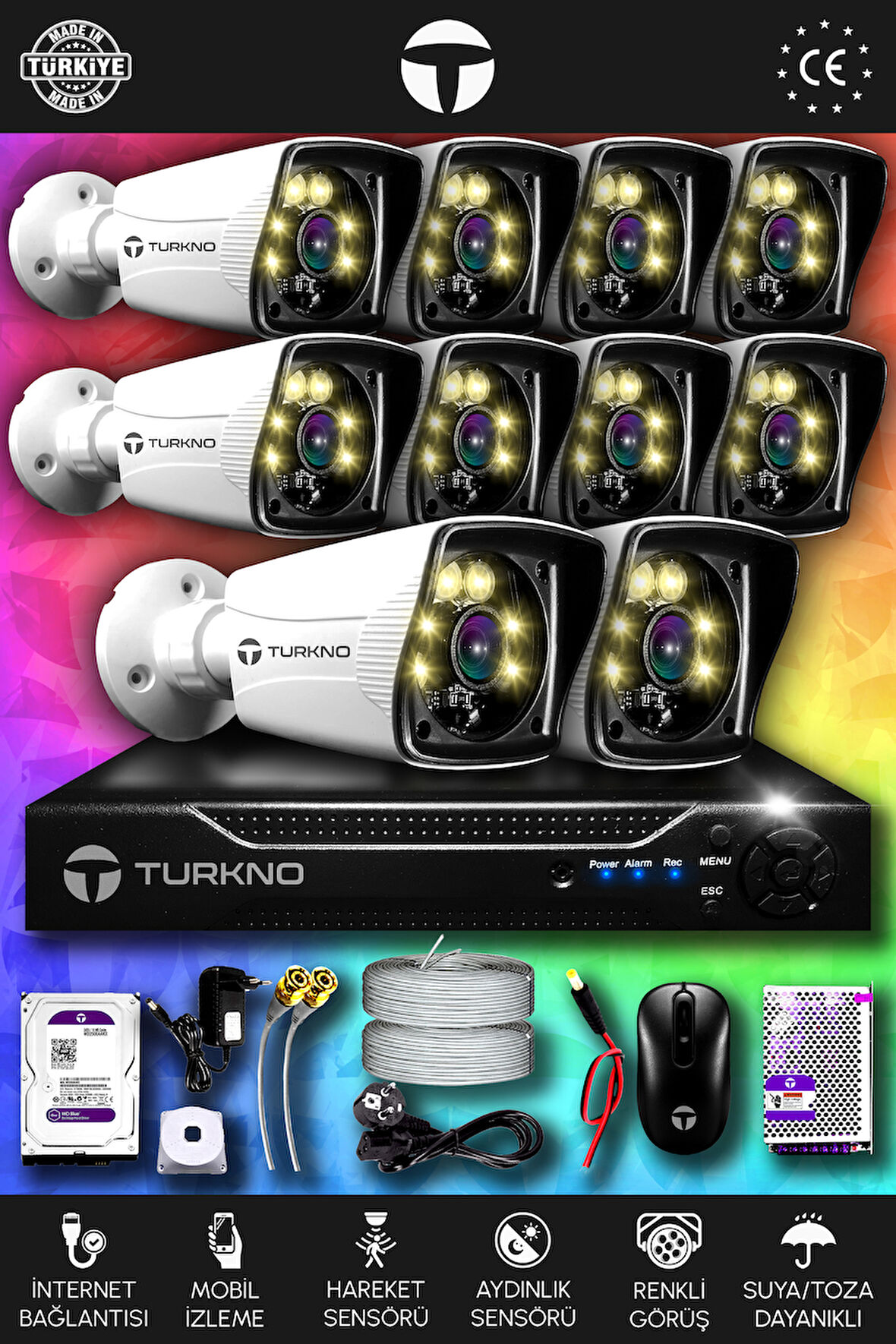 TURKNO 10 Kameralı Karie 10 Dış Kamera Set 250 GB HDD Full HD Renkli Gece Görüşlü Güvenlik Kamerası Sistemi