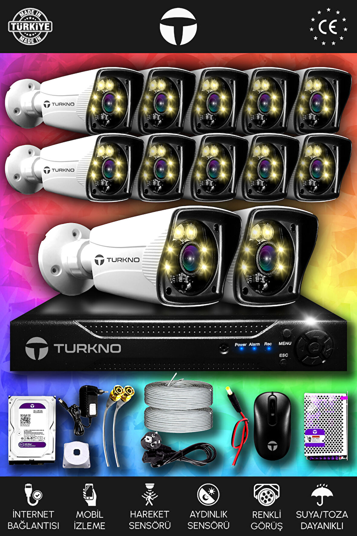 TURKNO 12 Kameralı Karie 12 Dış Kamera Set 2 TB HDD Full HD Renkli Gece Görüşlü Güvenlik Kamerası Sistemi