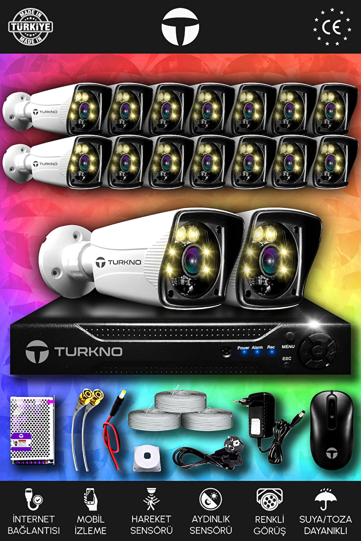 TURKNO 16 Kameralı Karie 16 Dış Kamera Set HDD'siz Full HD Renkli Gece Görüşlü Güvenlik Kamerası Sistemi