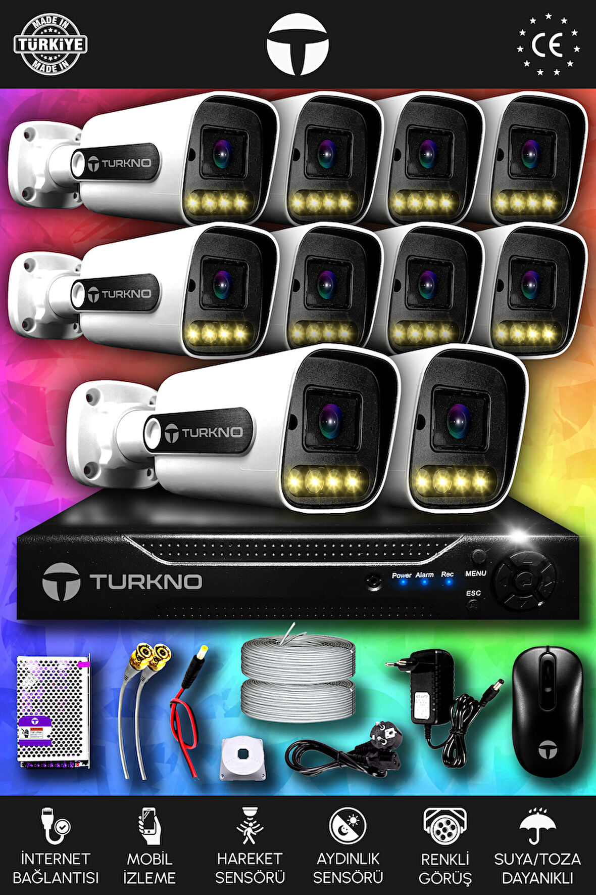 TURKNO 10 Kameralı Navie 10 Dış Kamera Set HDD'siz Full HD Renkli Gece Görüşlü Güvenlik Kamerası Sistemi