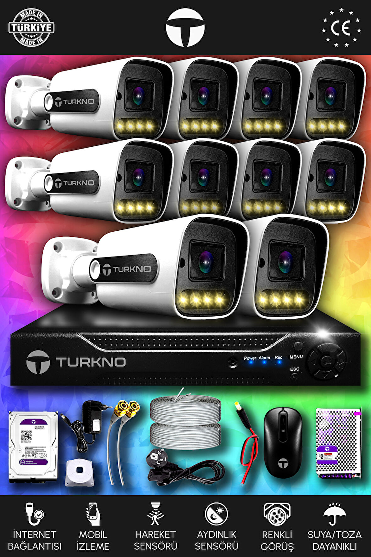 TURKNO 10 Kameralı Navie 10 Dış Kamera Set 2 TB HDD Full HD Renkli Gece Görüşlü Güvenlik Kamerası Sistemi