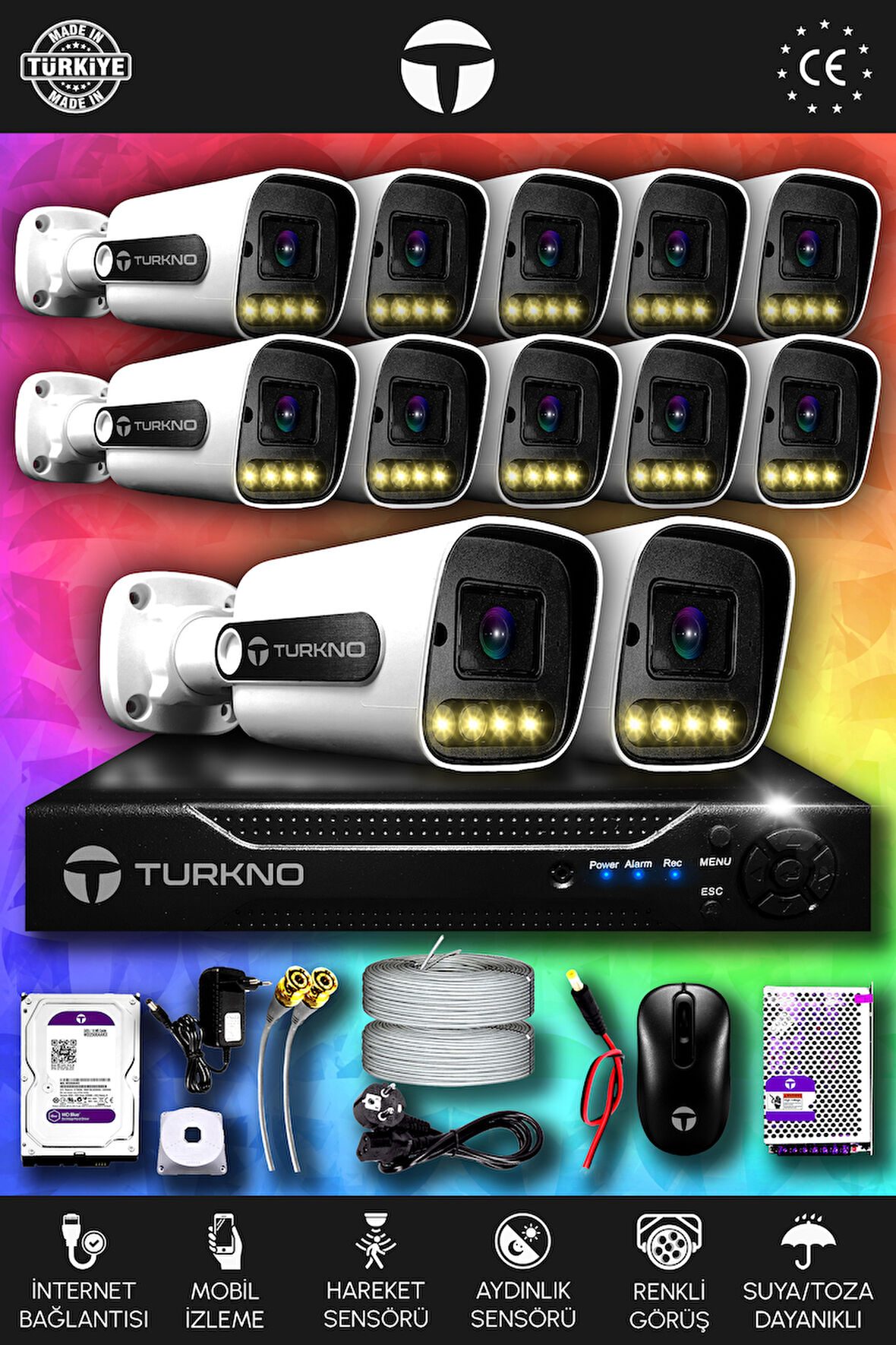 TURKNO 12 Kameralı Navie 12 Dış Kamera Set 100 GB HDD Full HD Renkli Gece Görüşlü Güvenlik Kamerası Sistemi
