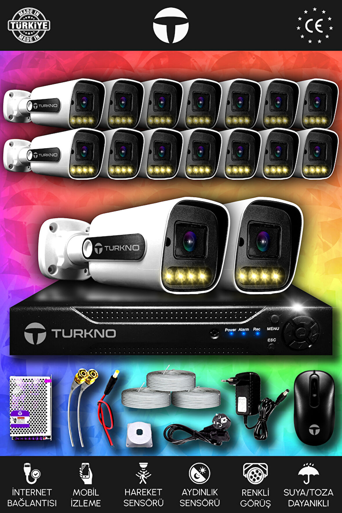 TURKNO 16 Kameralı Navie 16 Dış Kamera Set HDD'siz Full HD Renkli Gece Görüşlü Güvenlik Kamerası Sistemi