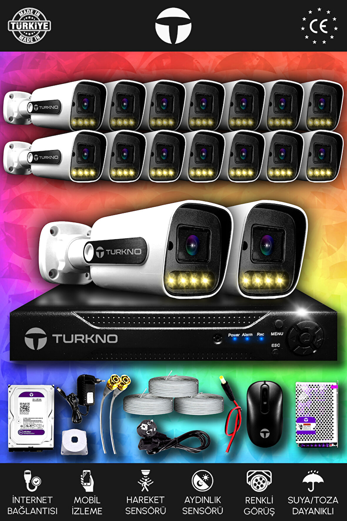 TURKNO 16 Kameralı Navie 16 Dış Kamera Set 1 TB HDD Full HD Renkli Gece Görüşlü Güvenlik Kamerası Sistemi