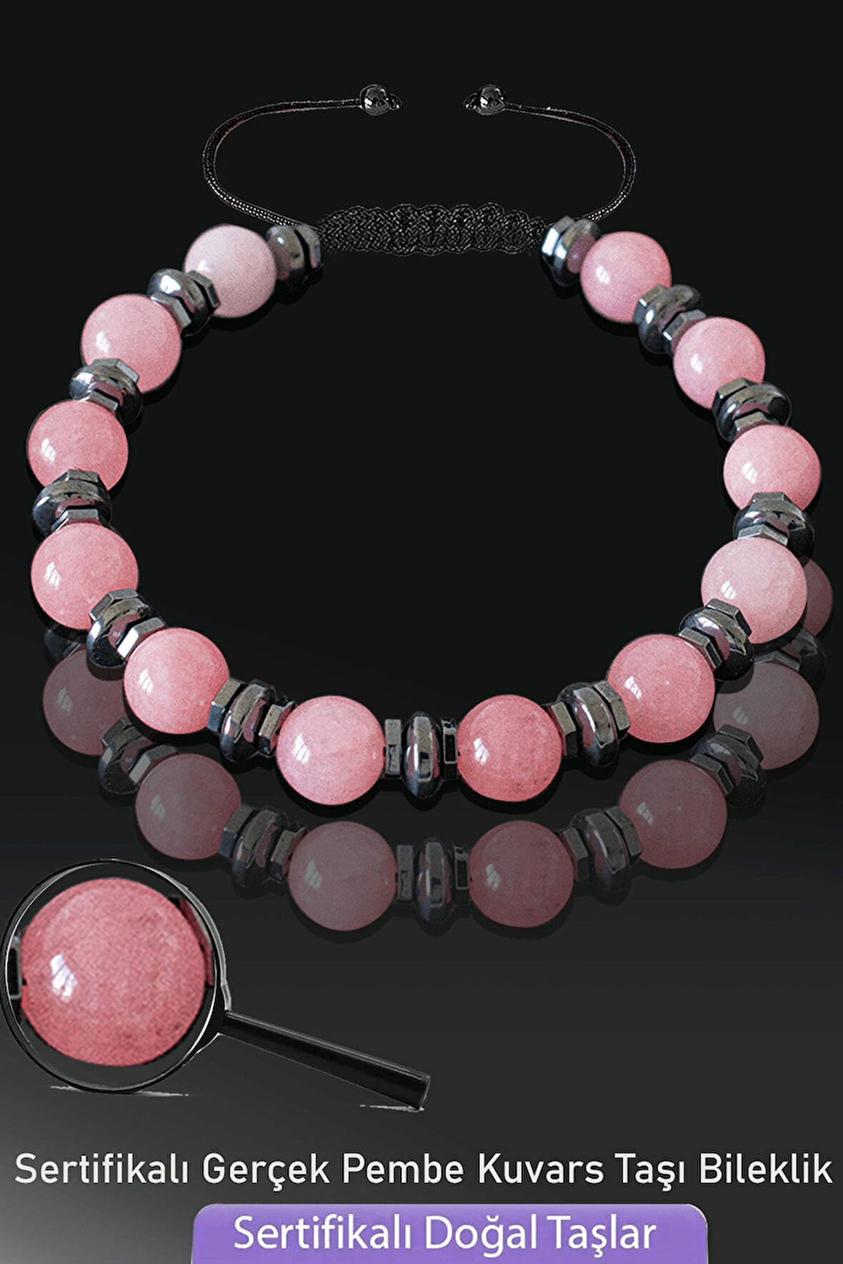 Sertifikalı Gerçek Pembe Kuvars Taşı Bileklik - Ayarlamalı