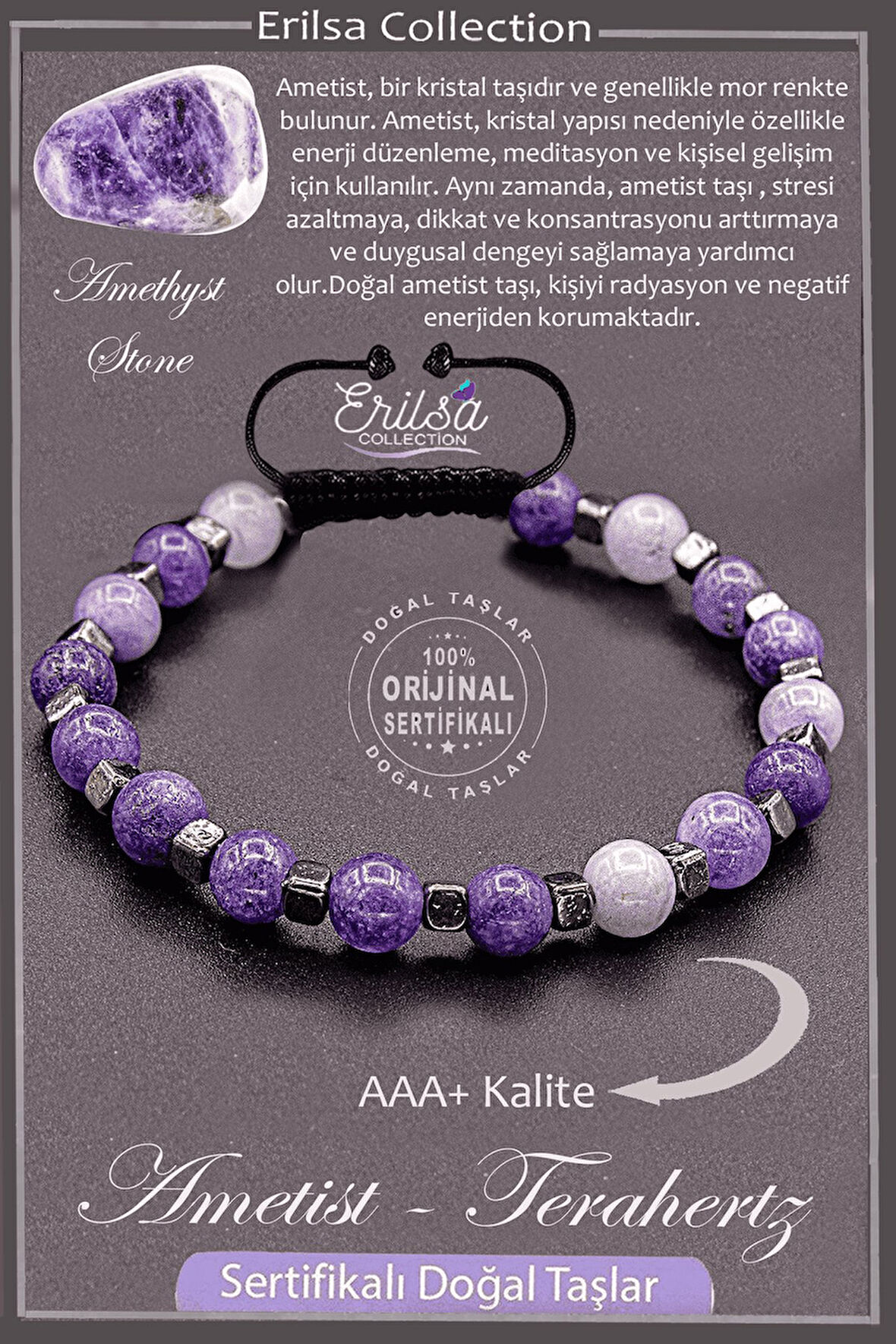 Sertifikalı AAA+ Kalite Gerçek Terahertz - Ametist Taşı Bileklik