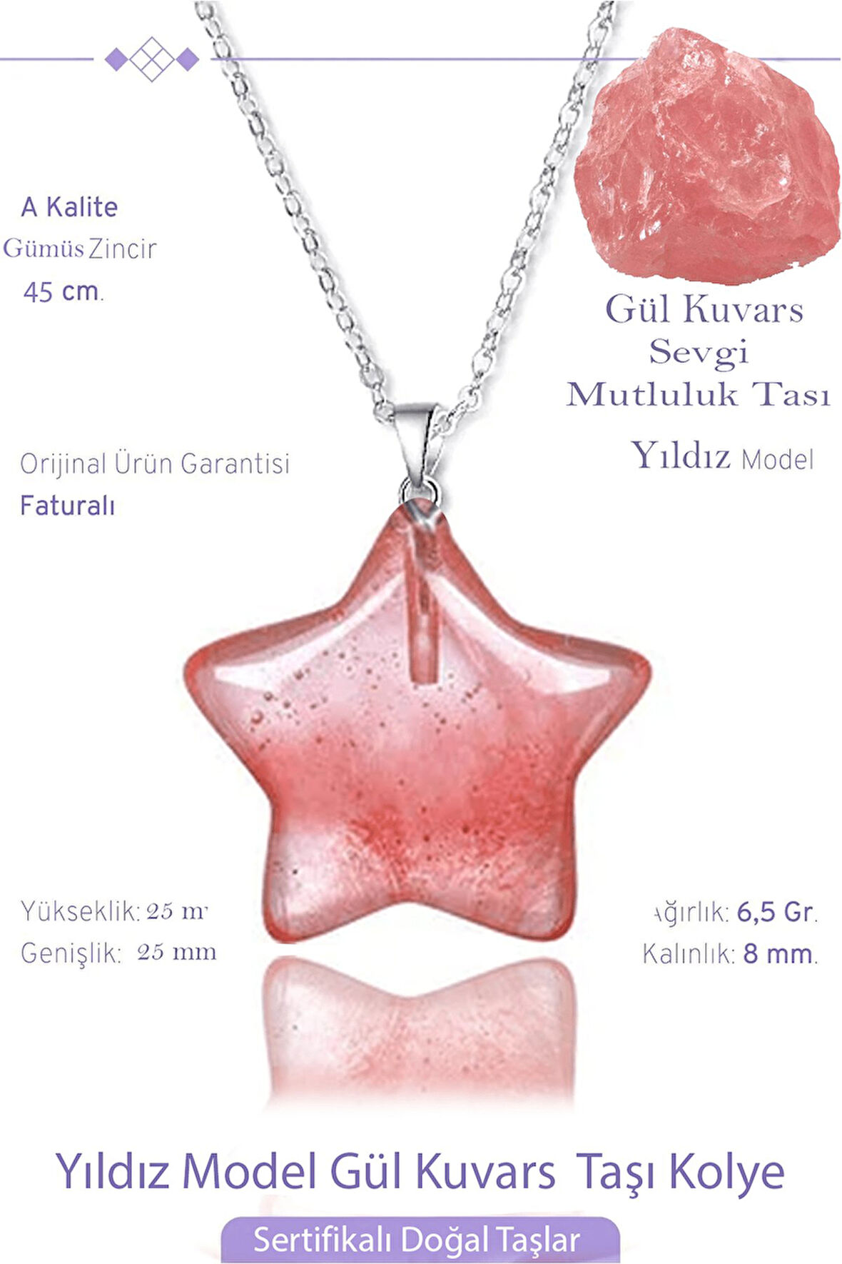Sertifikalı Gerçek Yıldız Model Gül Kuvars Taşı Kolye - Gümüş Aparatlı