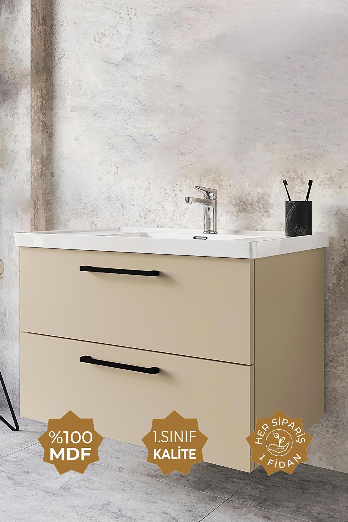 Teta Home Batum 80cm Bej MDF Banyo Lavabolu Alt Dolap