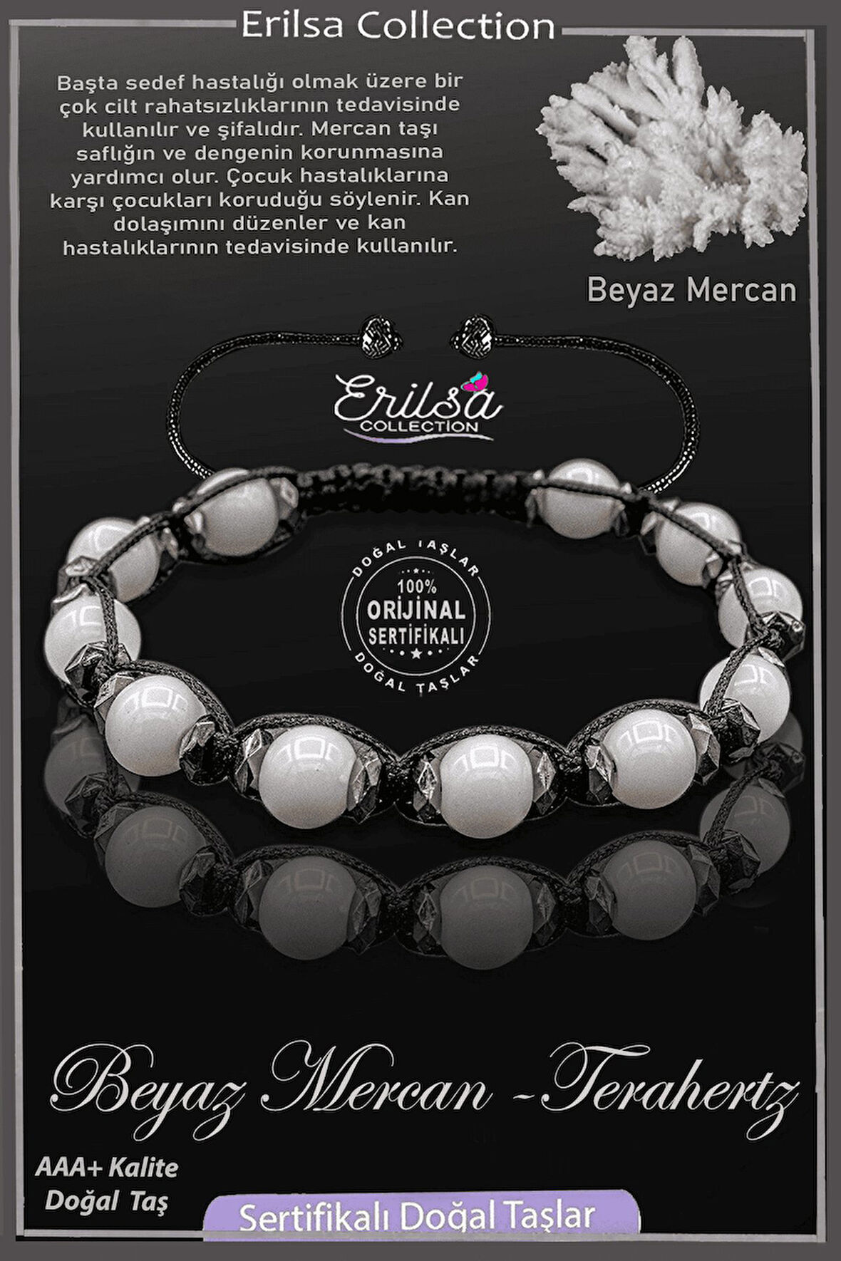 Sertifikalı Terahertz - Beyaz Mercan Taşı Bileklik - Ayarlamalı
