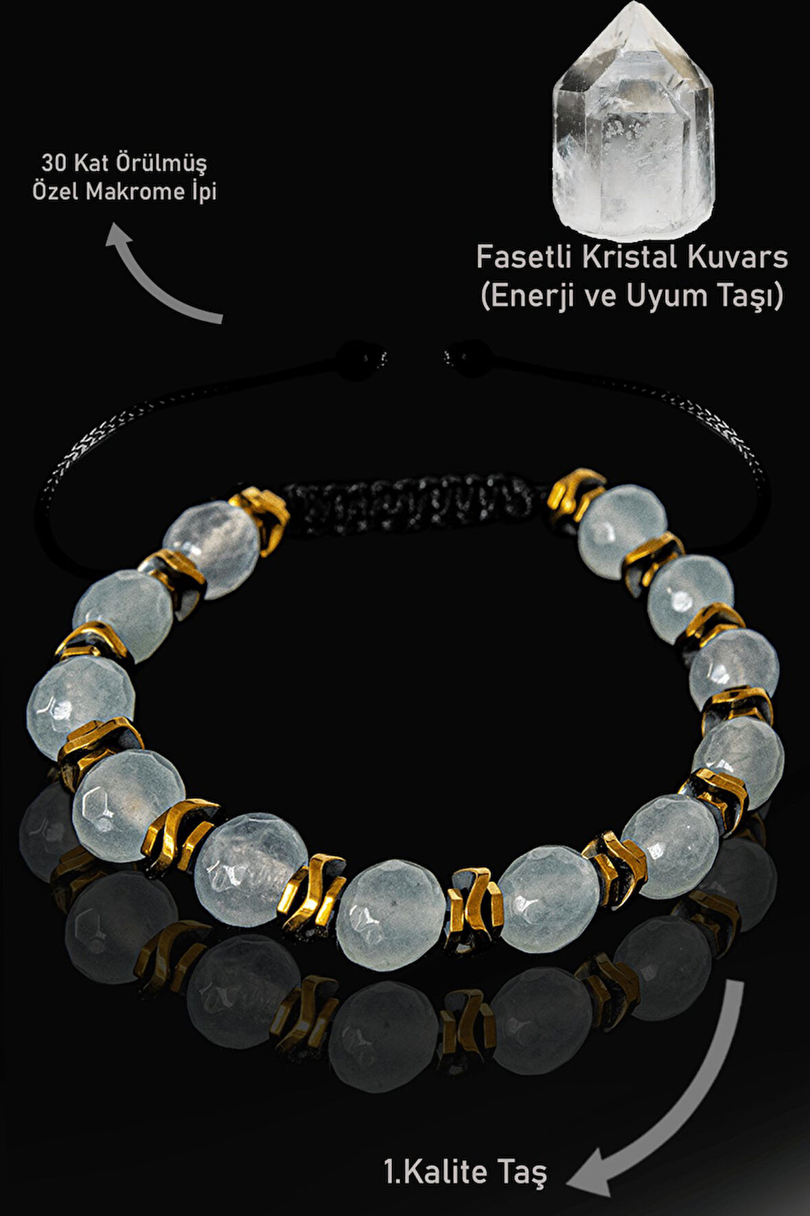 Sertifikalı Gerçek Hematit - Kristal Kuvars Taşı Bileklik