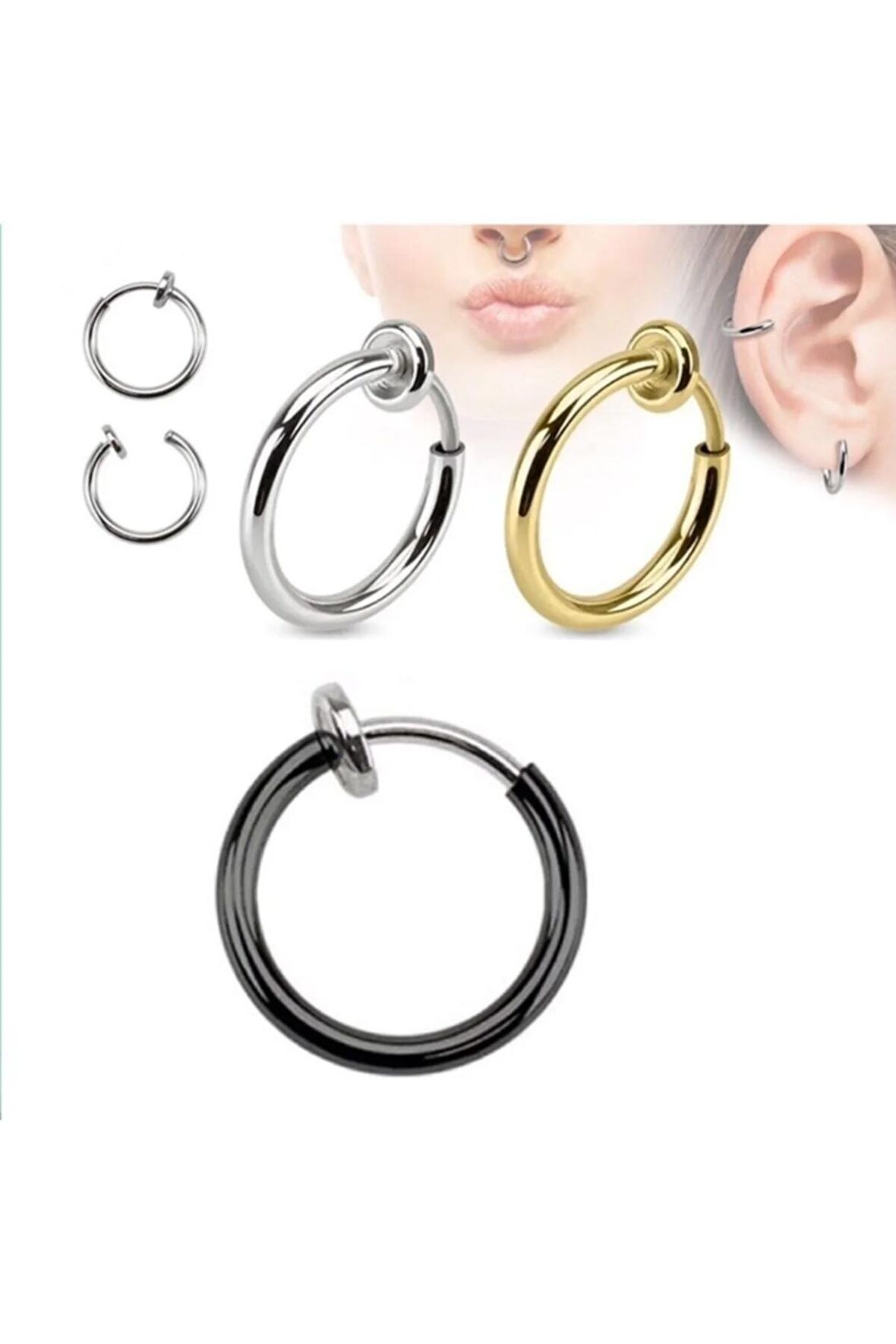 Unisex Renkli Cerrahi Çelik Deliksiz Sıkıştırmalı Fake Piercing Tragus Helix Küpe