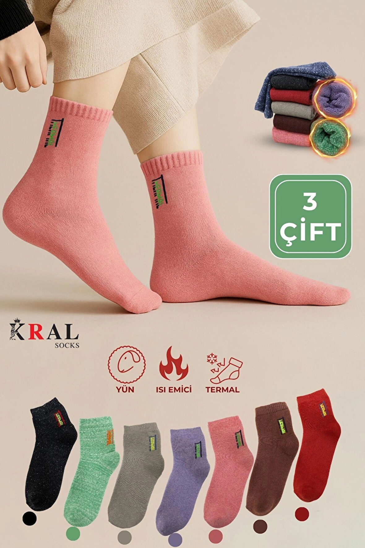 Termal Özellikli 2x Korumalı (3 ÇİFT) Asorti Renkli Kadın Kışlık Havlu Patik Çorap