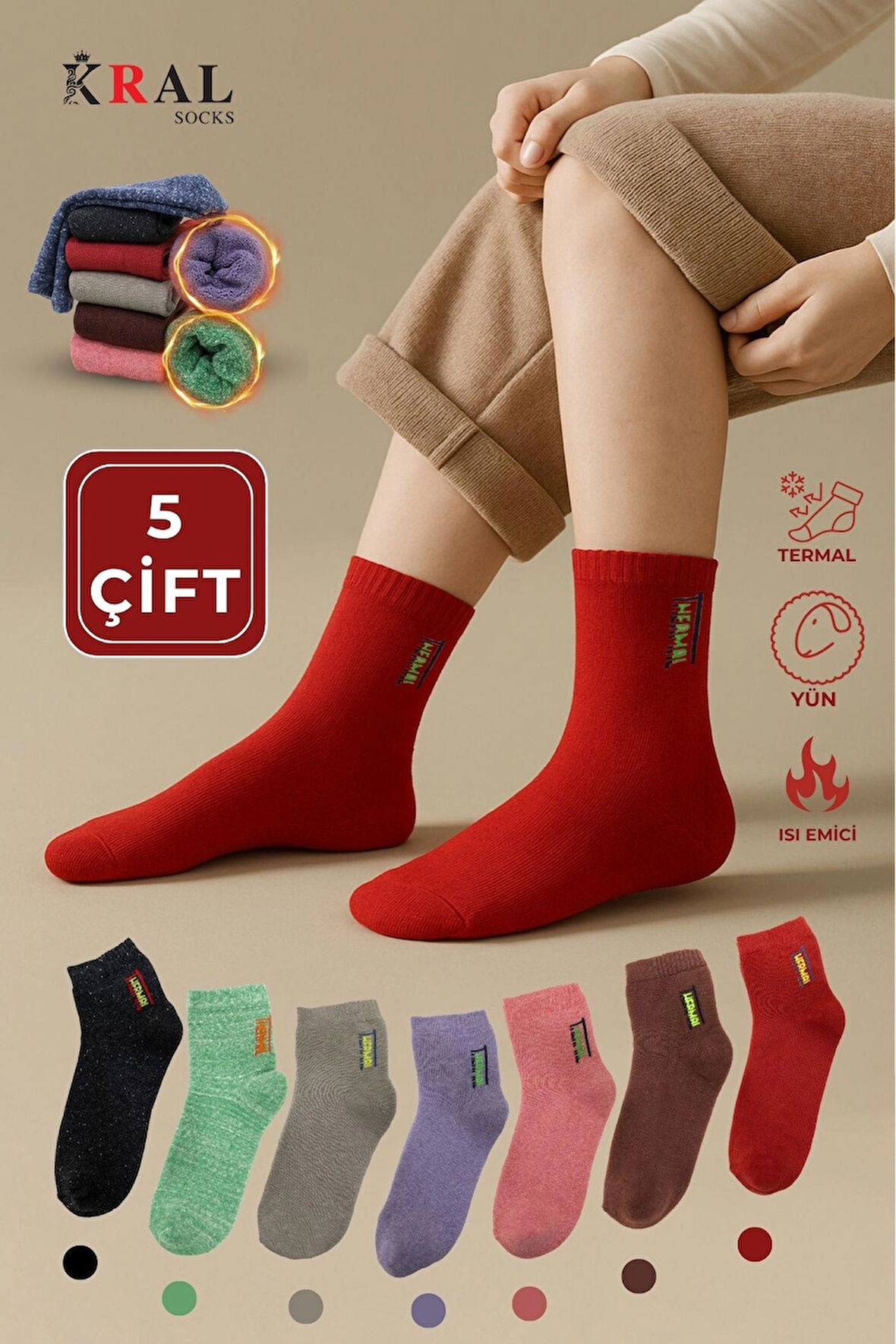 Termal Özellikli 2x Korumalı (5 ÇİFT) Asorti Renkli Kadın Kışlık Havlu Patik Çorap