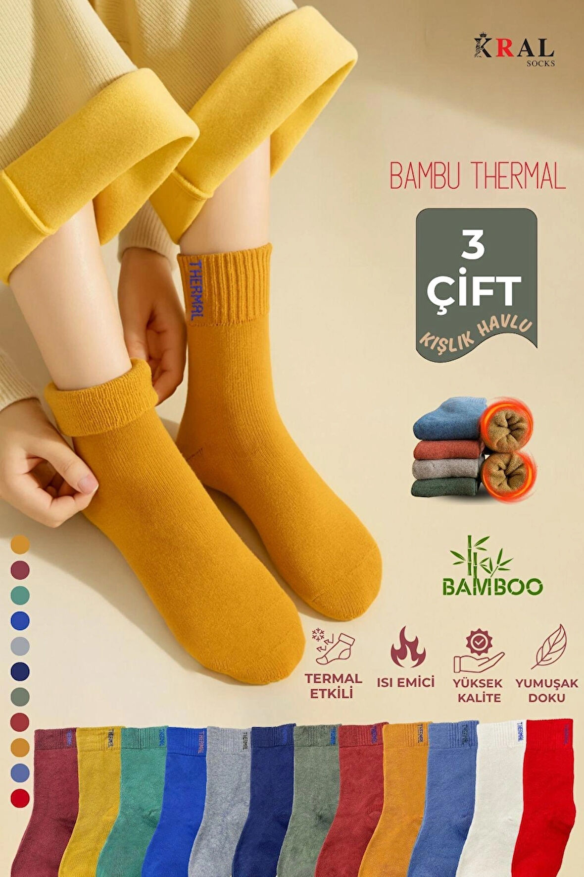 Termal Özellikli Bambu 2x Korumalı (3 ÇİFT) Kadın Soft Renkli Kışlık Havlu Soket Çorap