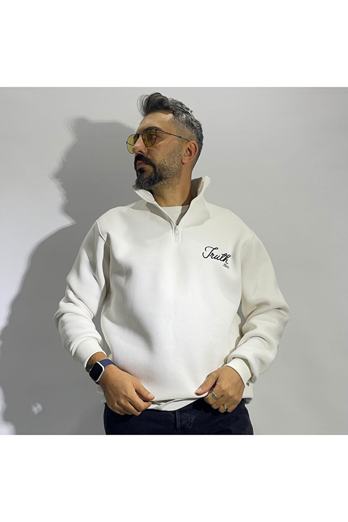 Nakış Detaylı Yarım Fermuar Oversize Erkek Sweatshirt