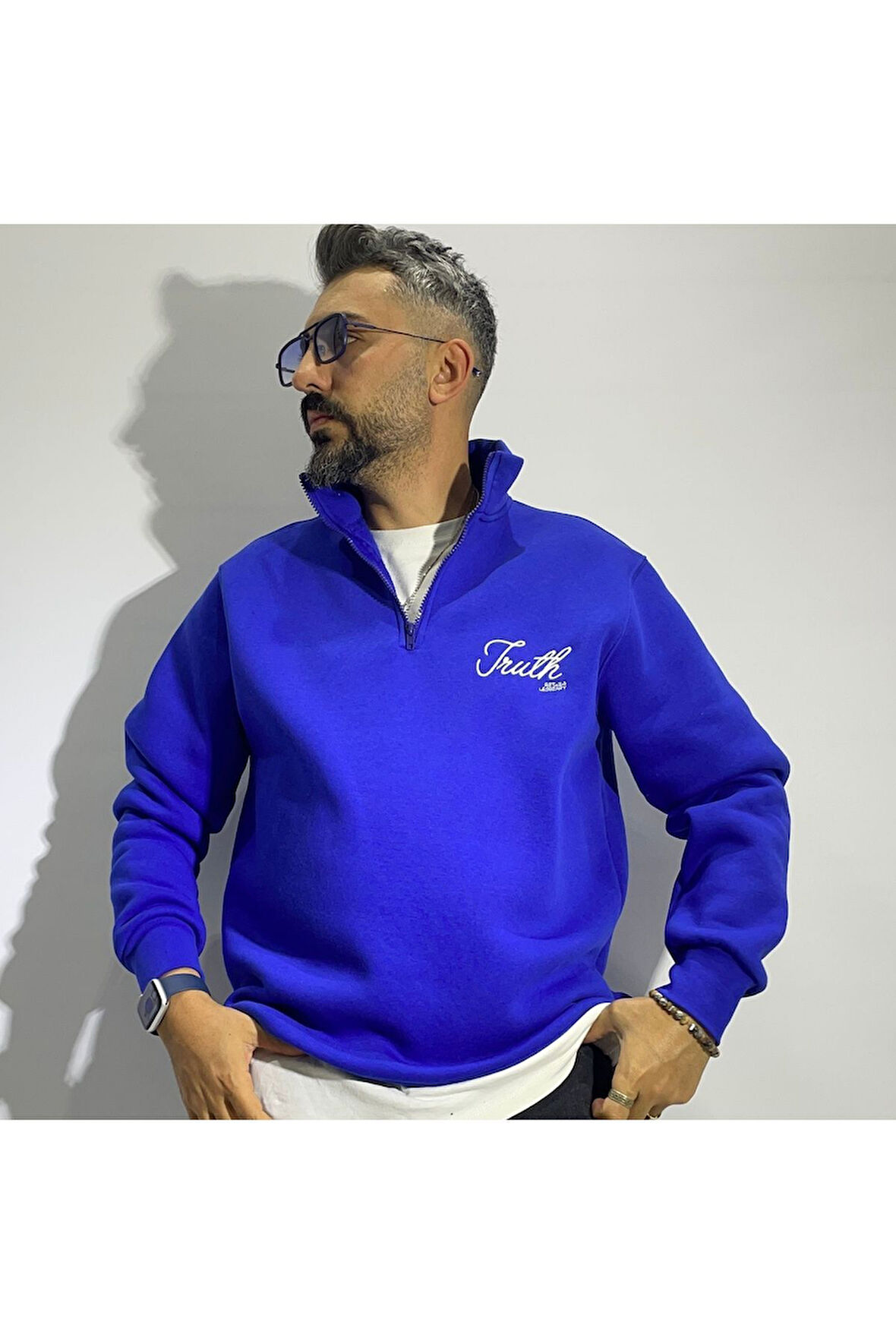 Nakış Detaylı Yarım Fermuar Oversize Erkek Sweatshirt