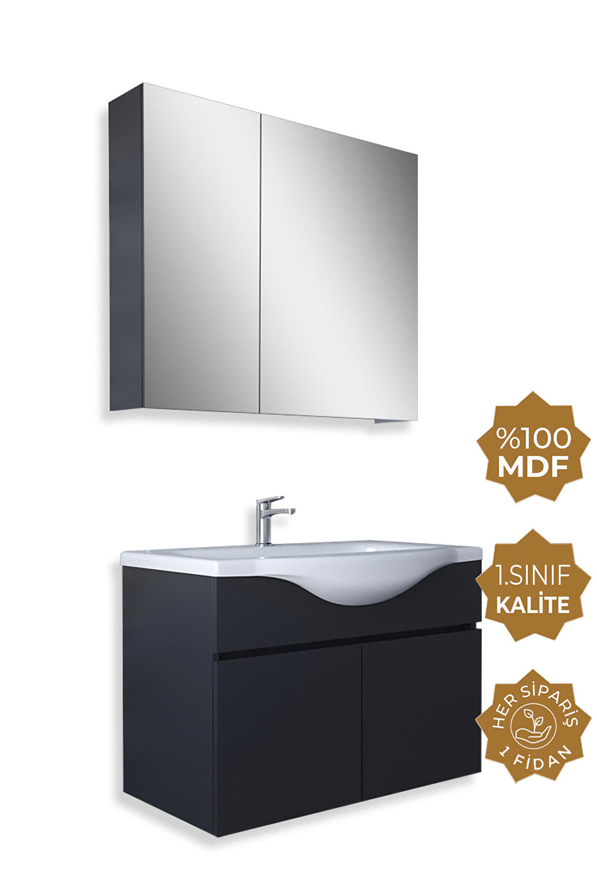 Teta Home Kahire 80cm Antrasit MDF Banyo Dolabı Seti