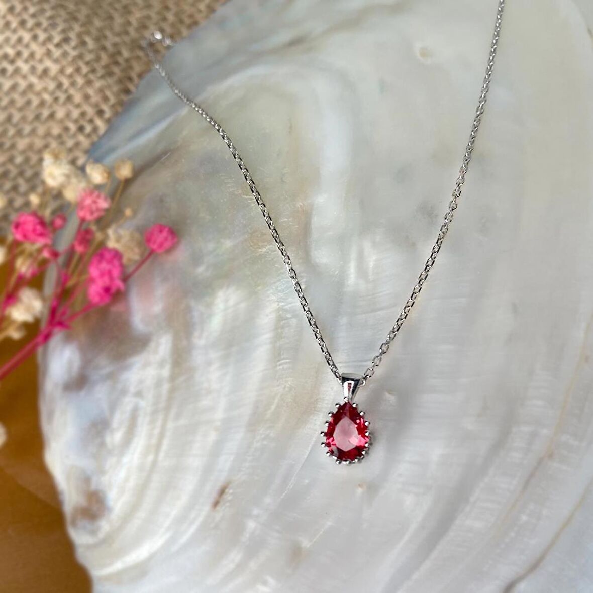 TAHAL KUYUMCULUK Pembe Damla Taş Gümüş Kolye