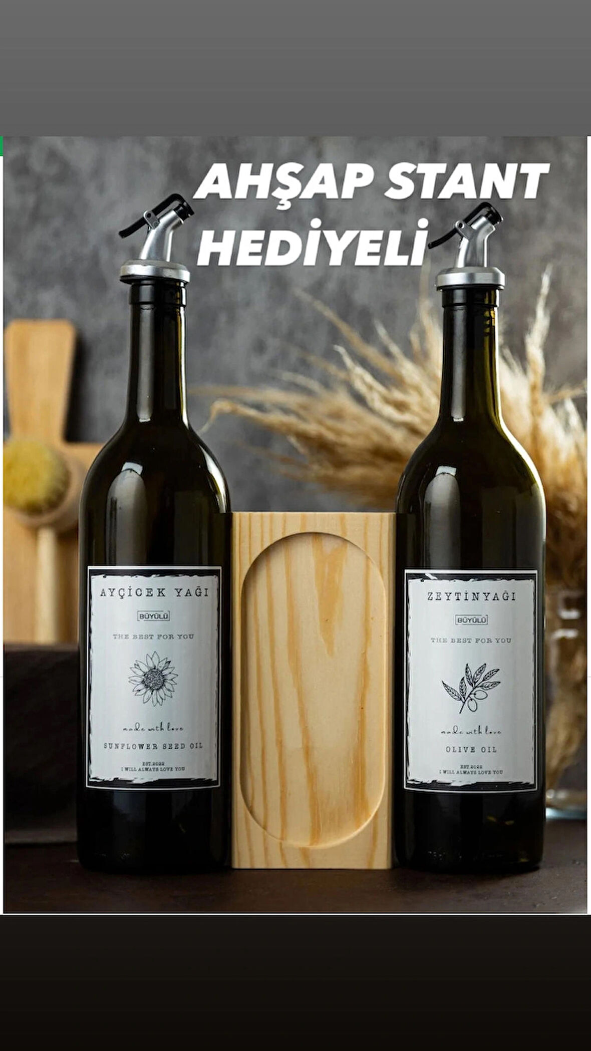 Ahşap Stant Hediyeli 2 Li Amber Cam 750 ml Zeytinyağı Ve Ayçiçekyağı Yağlık Yağdanlık Şişesi