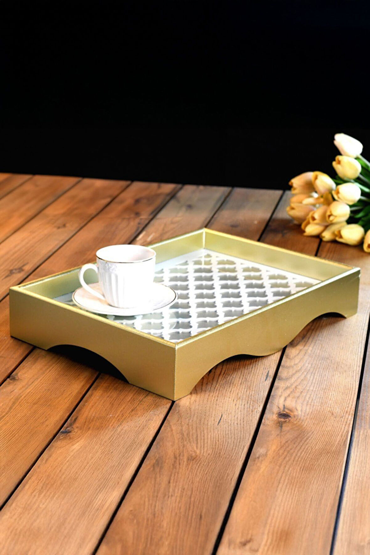 Cam Yüzeyli Ahşap Tepsi Dekoratif Vintage Tepsi Gold Model