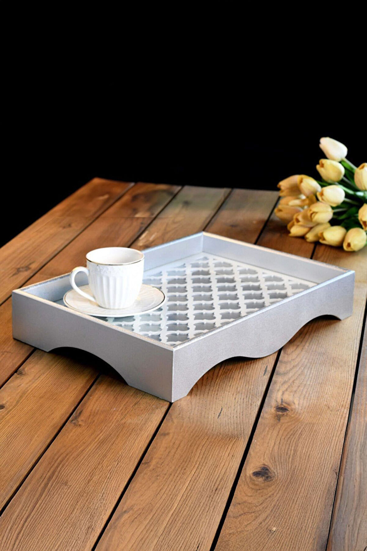 Cam Yüzeyli Ahşap Tepsi Dekoratif Tepsi Gümüş Model