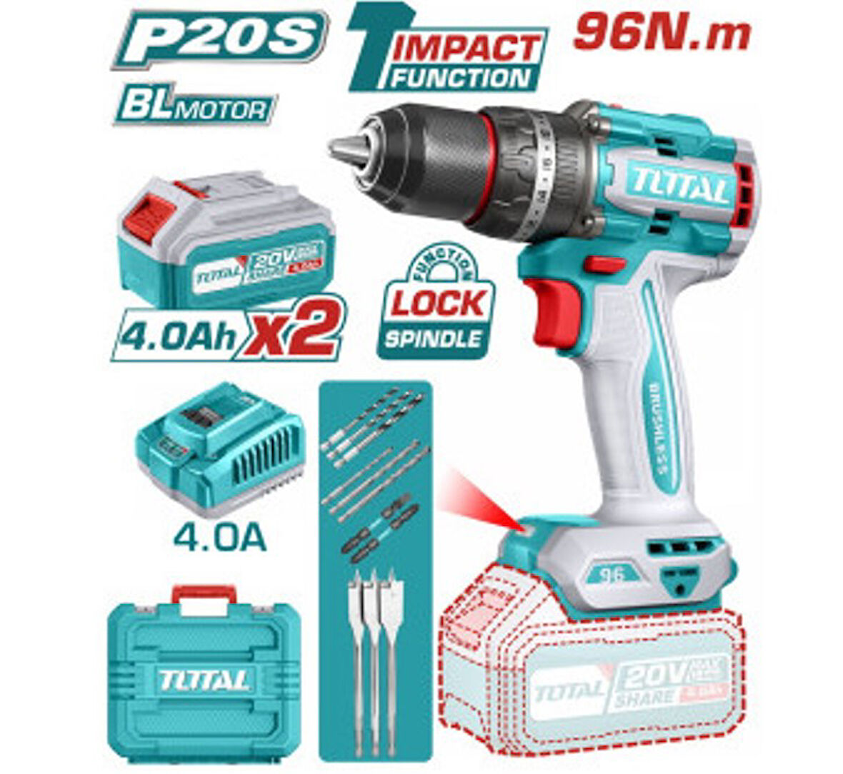 TOTAL TIDLI20968E Li-ON AKÜLÜ DARBELİ MATKAP - 96 NM YÜKSEK TORK