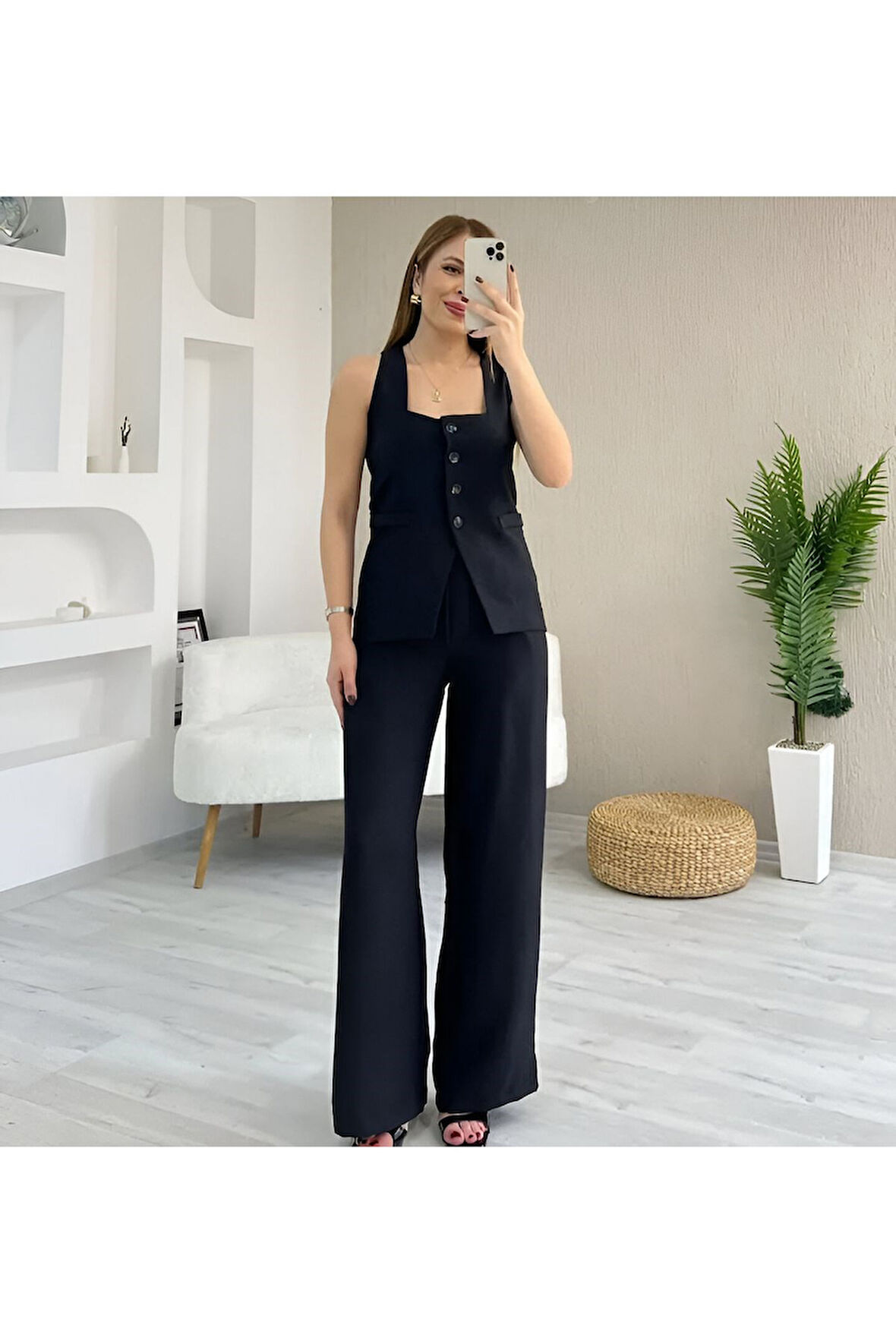 Tıfany Siyah Keten Kumaş Astarlı Yelek Lastikli Yüksek Bel Palazzo Pantolon Takım TIFANY-4342