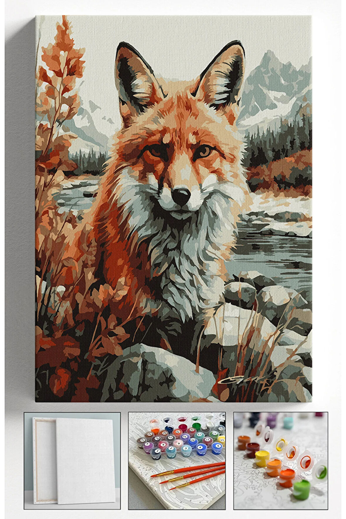 Sayılarla Boyama Çerçeveli Hobi Seti Numaralı Tuval Fırça Boya Dahil Kasnaklı TİLKİ 40X50 Cm