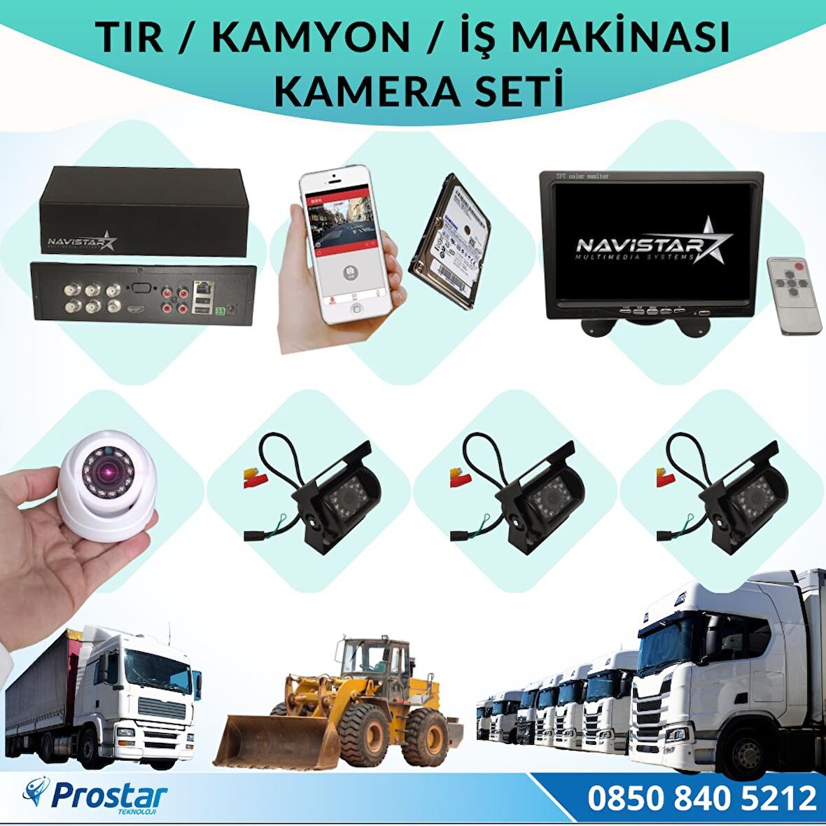 Tır Kamyon İş Makinesi İçin Uzaktan İzlemeli 4 Kameralı 1 Tb Harddisk Kamera Seti