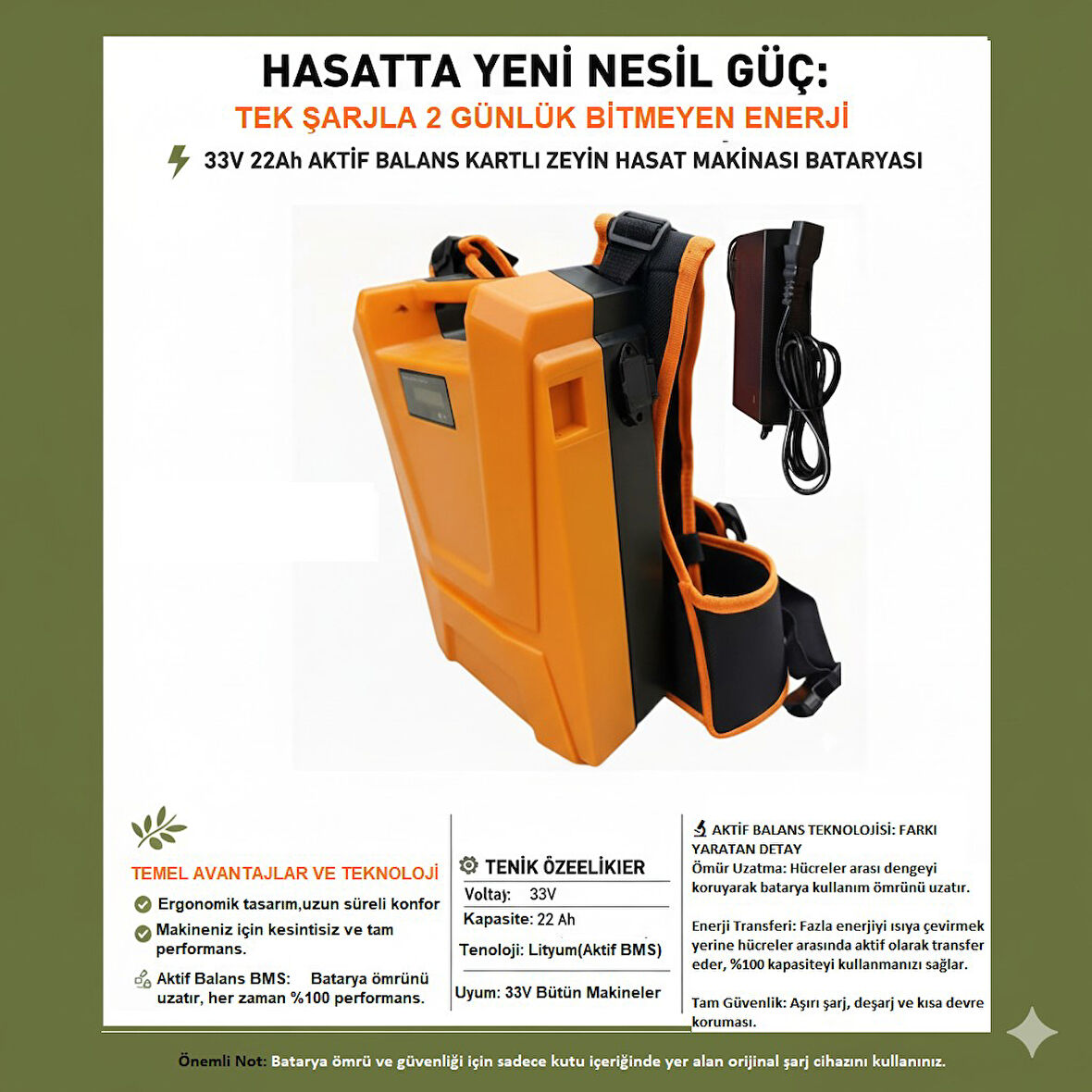 Titanium L3322 Zeytin Hasat Makinesi sırt Bataryası 33V 22AH
