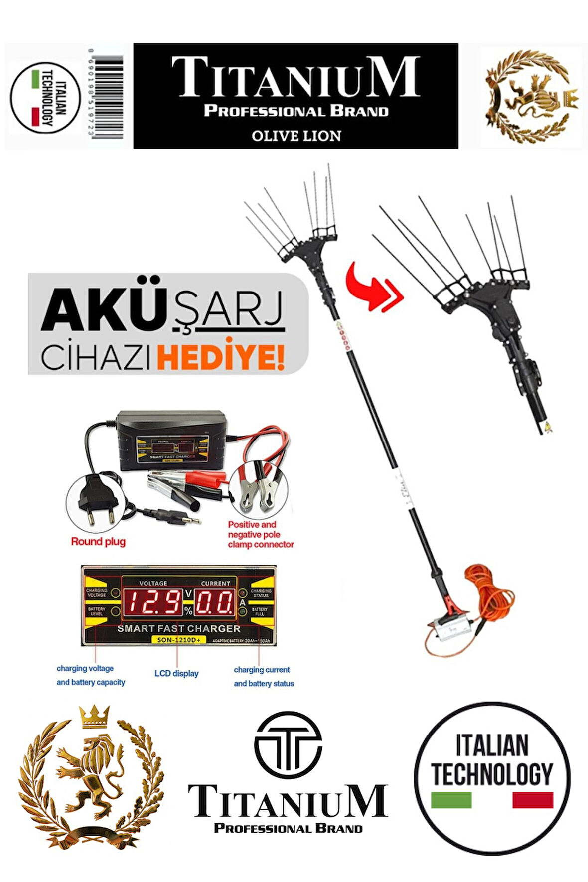 Titanium Olive Lion Plus Akülü Zeytin Hasat Makinesi Şarj Aleti Hediyeli