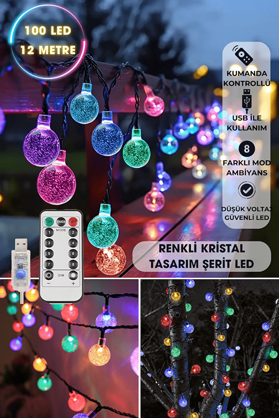 Technojet 100 Ledli Usbli Kumandalı 8 Modlu Kristal Toplu Led Işık Parti Süsleme Organizasyon