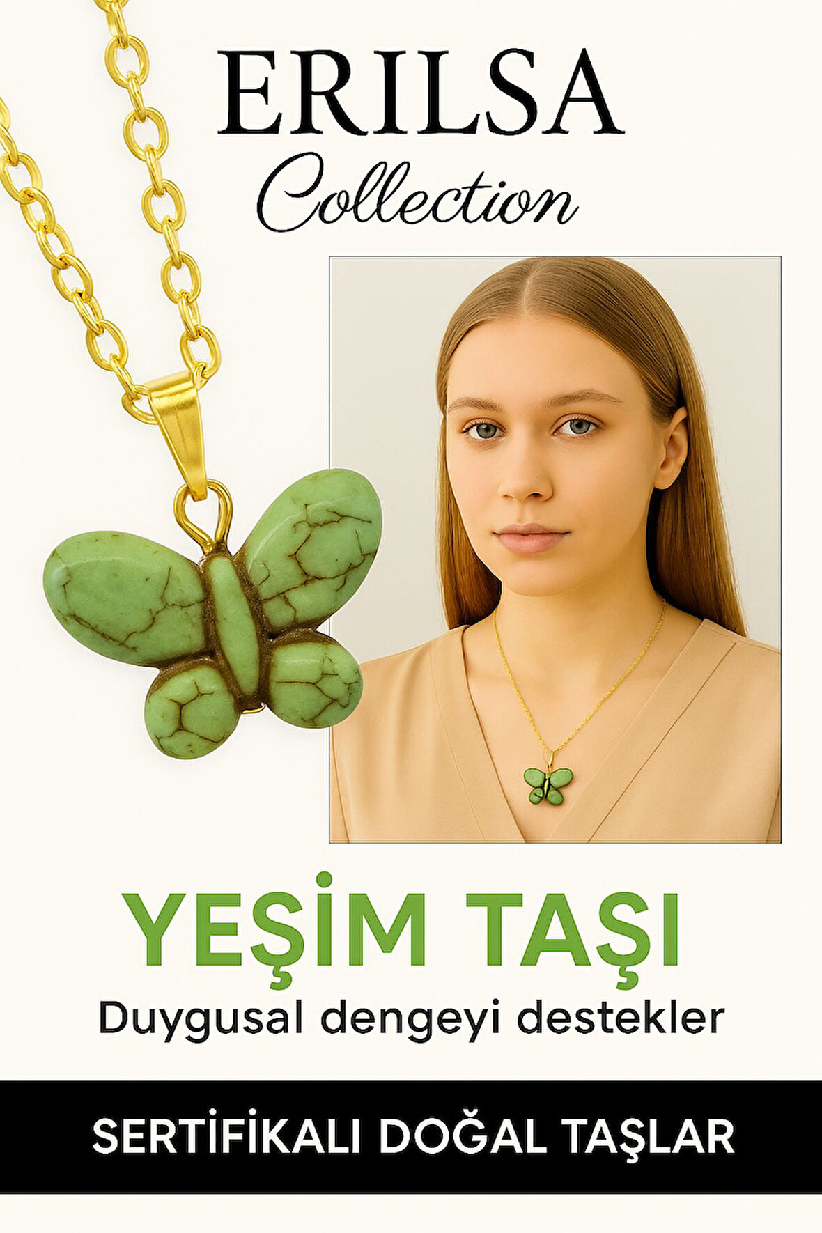 Sertifikalı Sarı Renkli Kelebek Model Yeşim Taşı Kolye – Şans, Dönüşüm ve Ruhsal Huzur Taşı