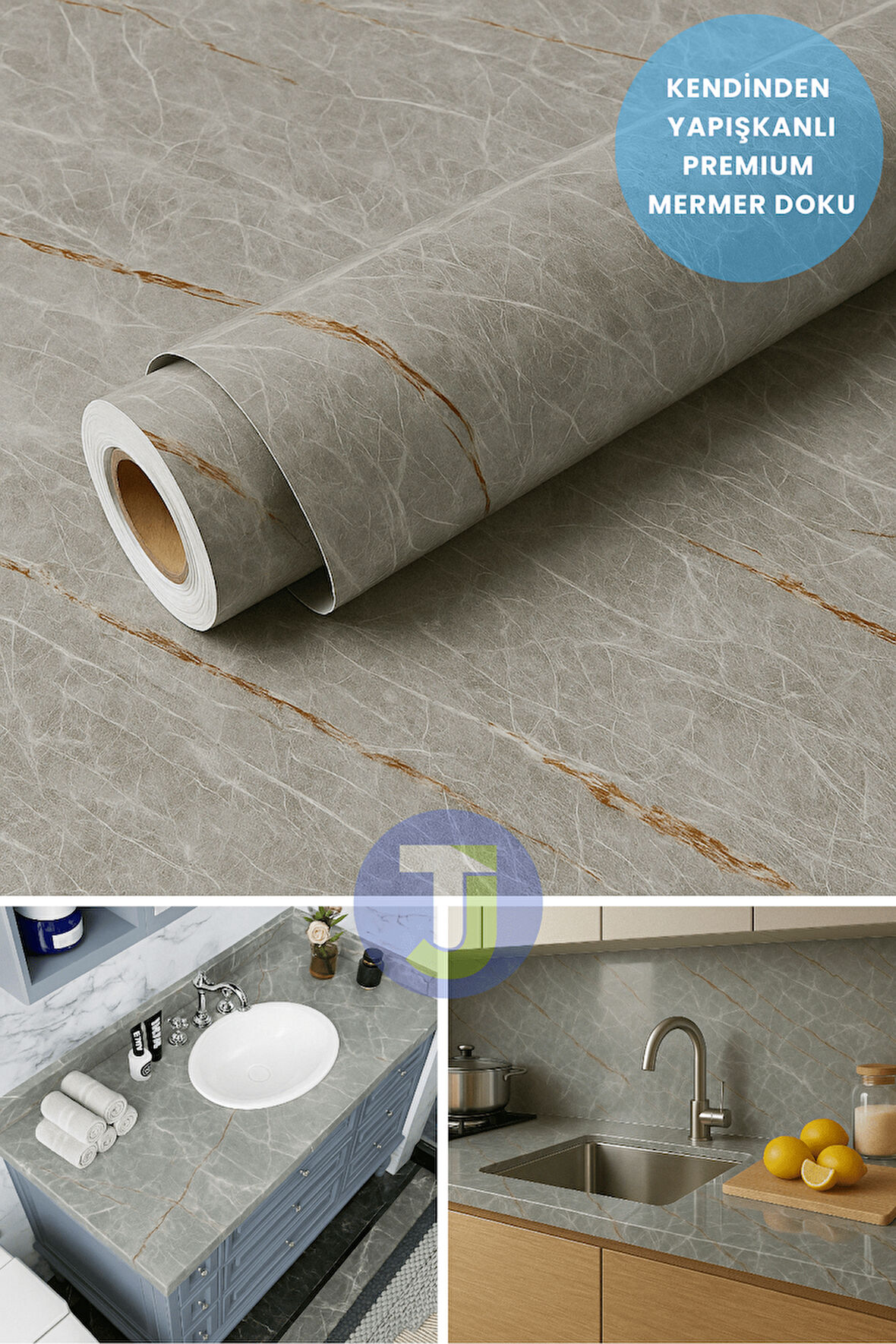 Technojet Kendinden yapışkanlı Mermer Desen Folyo Tezgah Mutfak Banyo Duvar Kaplama 60cmX100cm